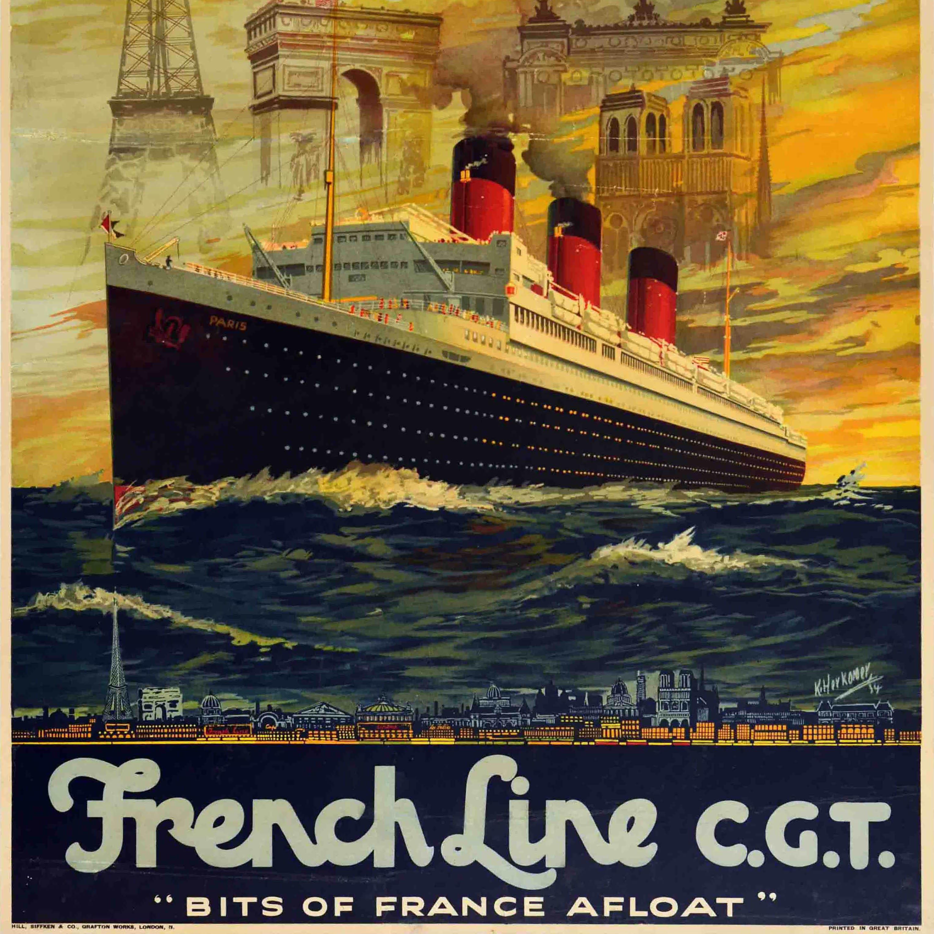 Original Vintage-Kreuzfahrtplakat - Paris auf dem Weg nach Europa Wenn Sie an Bord eines Schiffes der French Line gehen, sind Sie direkt in Paris! Französische Linie CGT Bits of France flott gemacht. Atemberaubendes Design mit dem Ozeandampfer SS