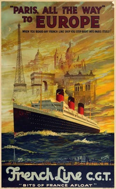 Affiche rétro originale de voyage de croisière, Paris, All The Way To Europe, French Line