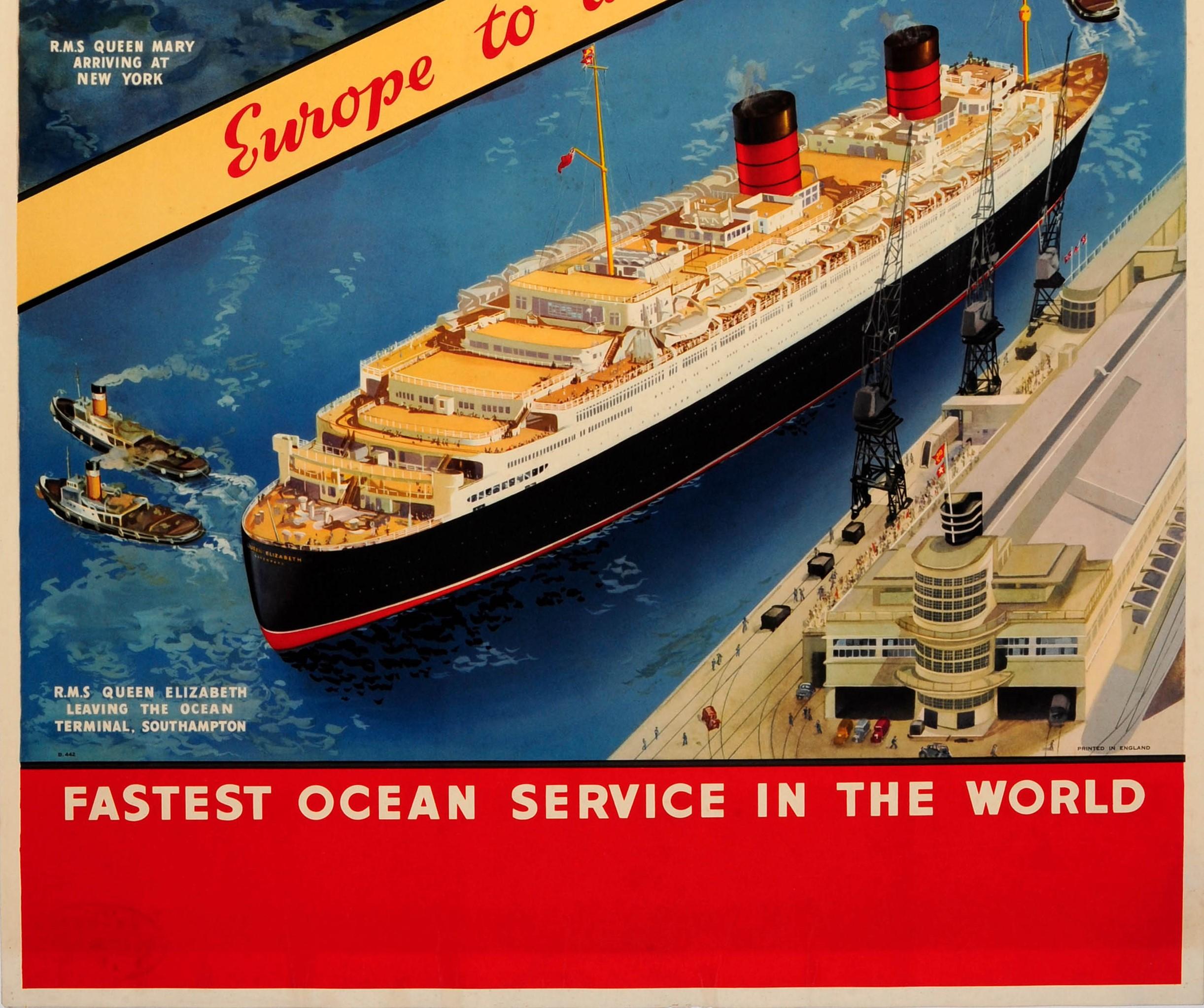 Originales Original-Vintage-Reiseplakat Cunard Luxus-Crossliner:: Werbeplakat für Cunard Europa in ganz Amerika Das schnellste Meeresschiff der Welt. Atemberaubendes Design mit zwei farbenfrohen Illustrationen:: einer der RMS Queen Mary:: die nach