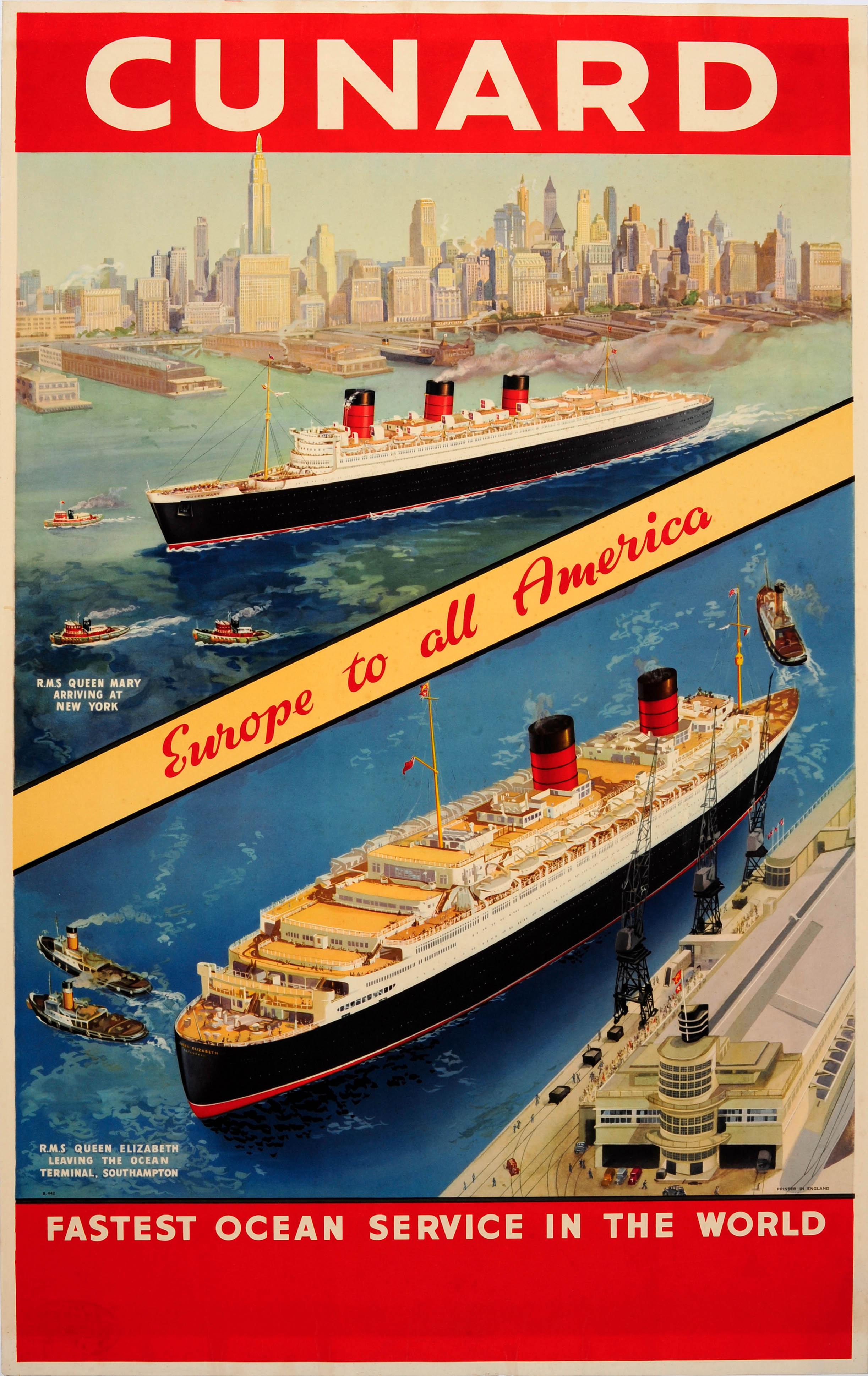Unknown Print – Original Vintage Cunard-Poster Queen Mary New York & Queen Elizabeth Southampton:: Original