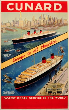 Original Vintage Cunard Poster Queen Mary New York & Queen Elizabeth Southampton