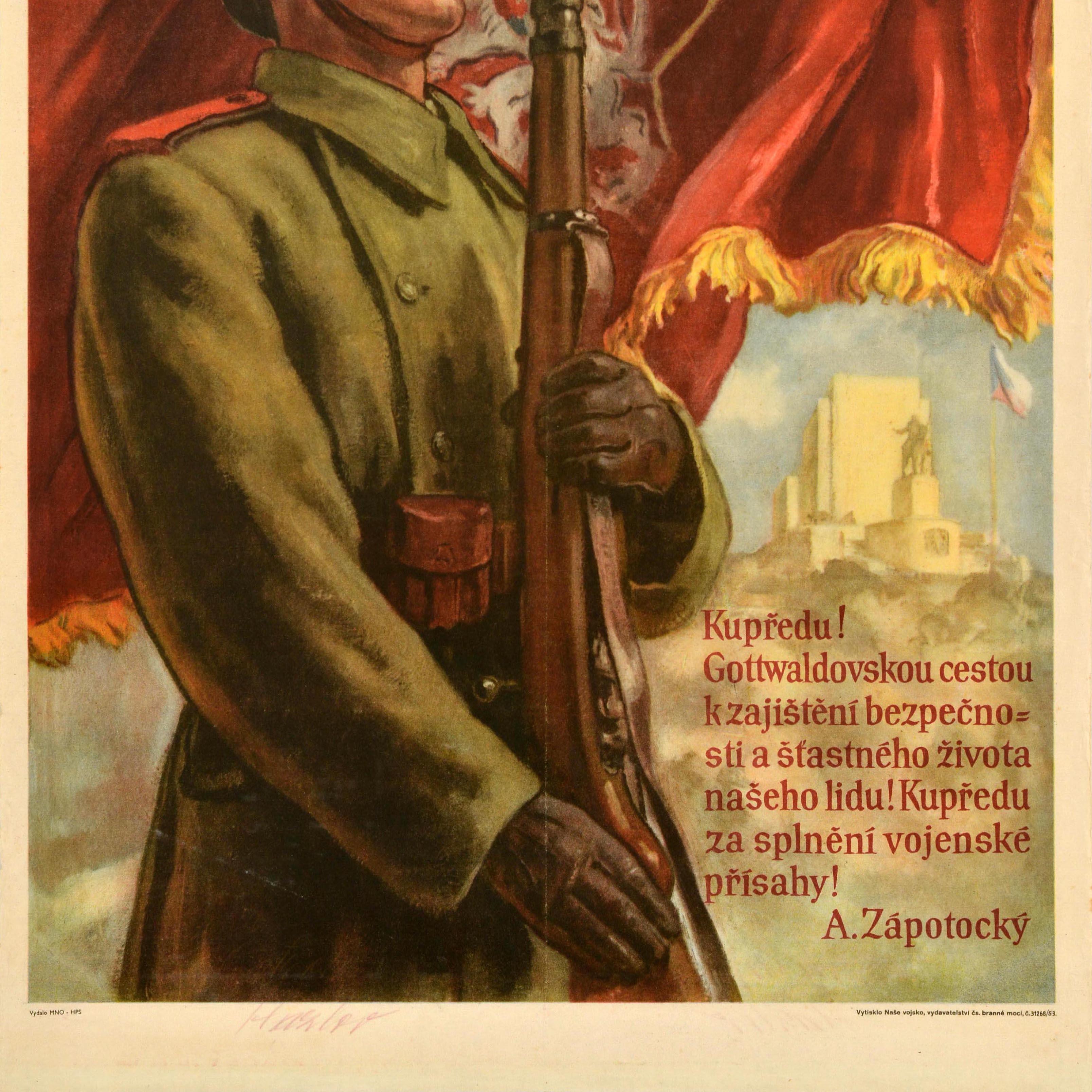 Original vintage Czechoslovak propaganda poster - Za Vlast Za Socialism! / For Motherland For Socialism - featuring dynamic artwork of a soldier in uniform and armed with a rifle gun standing guard in front of the gold title text and silver Bohemian