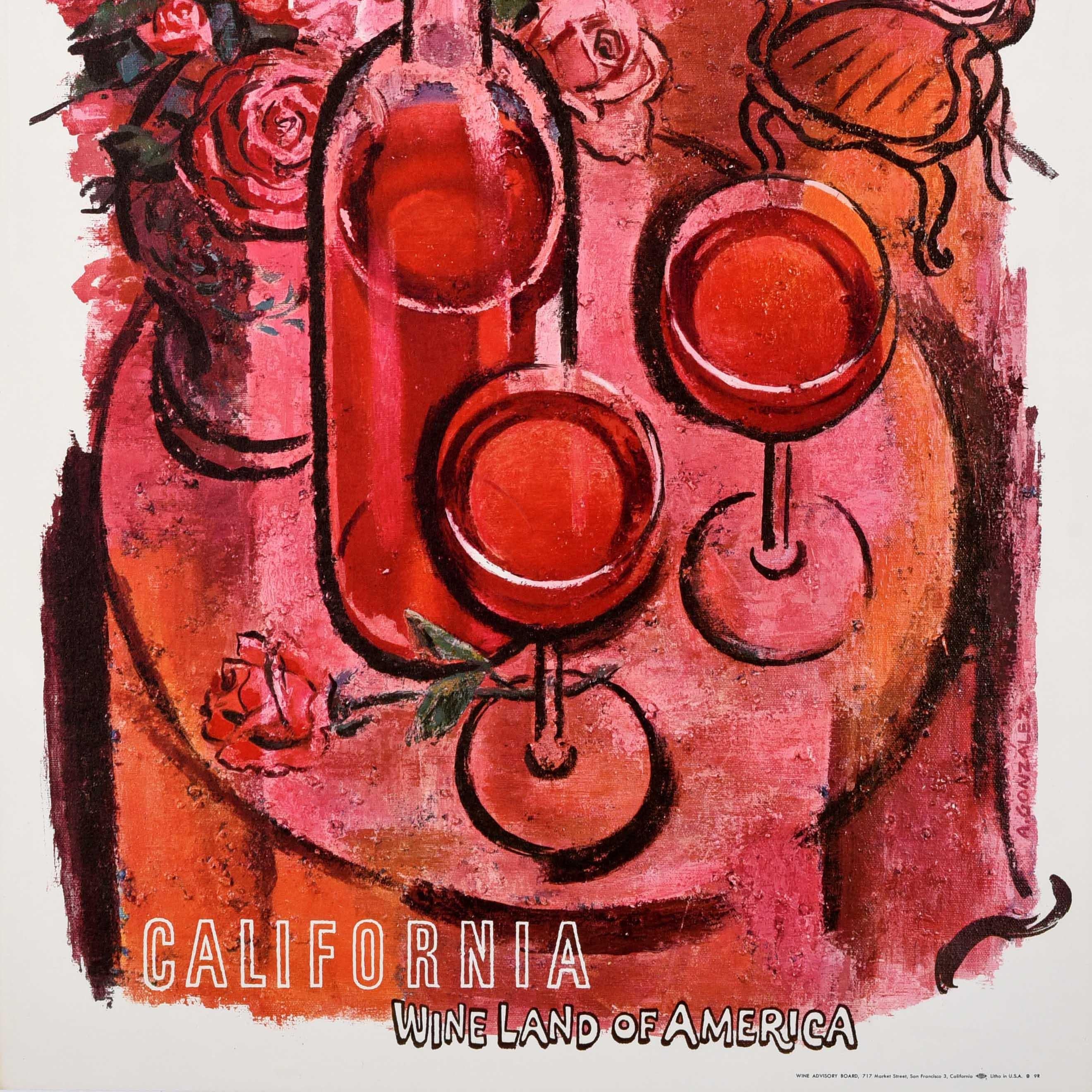 Original vintage drink advertising travel poster - Rose Wine California Land of America - featuring colourful artwork by Amado Gonzalez (1913-2007) depicting a bottle and two glasses of wine with a vase of pink roses on a table, one flower between