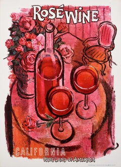Affiche publicitaire originale de boisson vintage Californie Rose Wine Land Of America