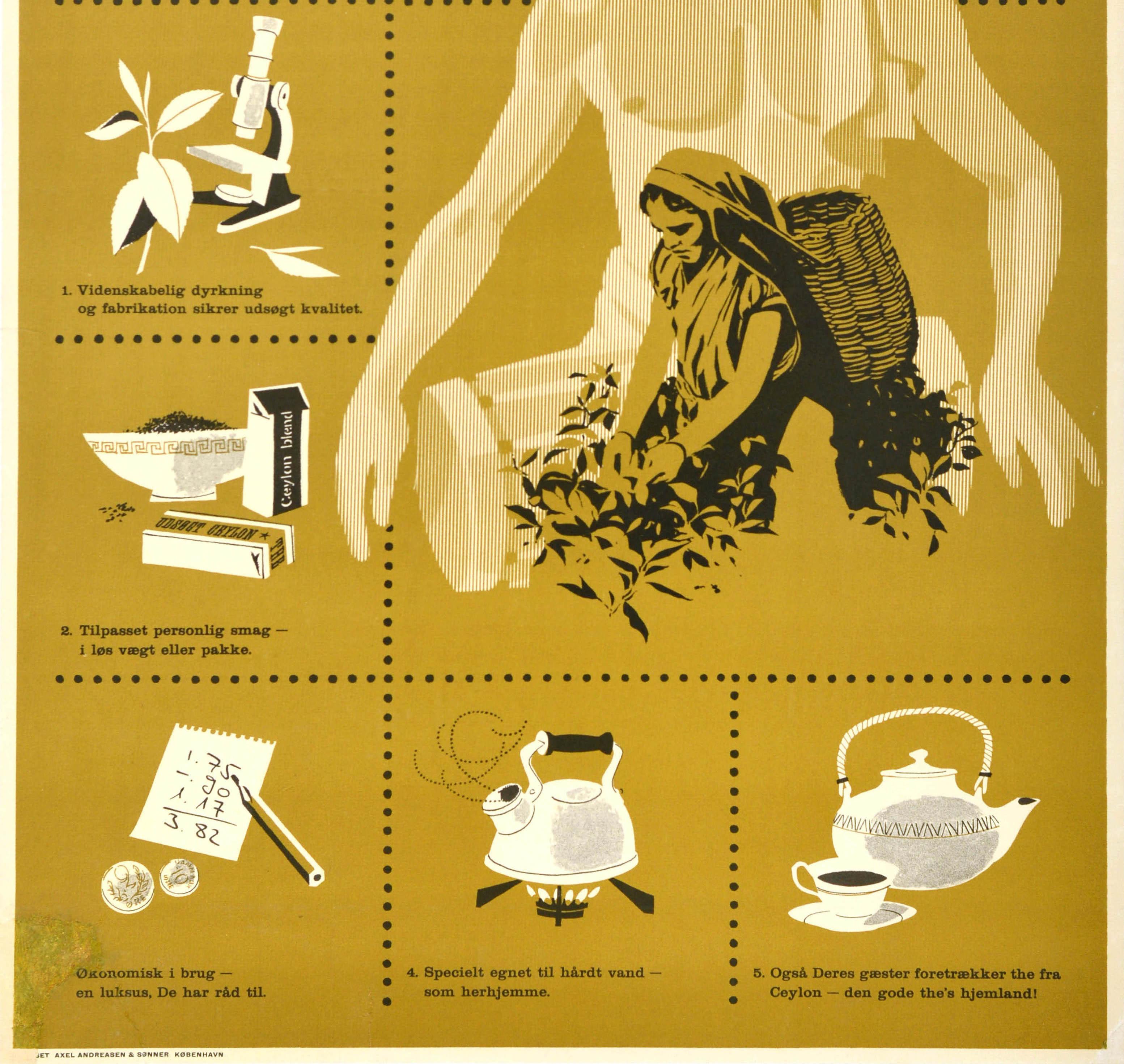 Original-Werbeplakat für Ceylon The / Ceylon Tea mit einem Bild eines Teepflückers und Illustrationen wie einem Mikroskop, einer Quittung, einem Kessel auf einer Flamme, einer Teekanne und einer Tasse mit Untertasse mit einer Liste von fünf