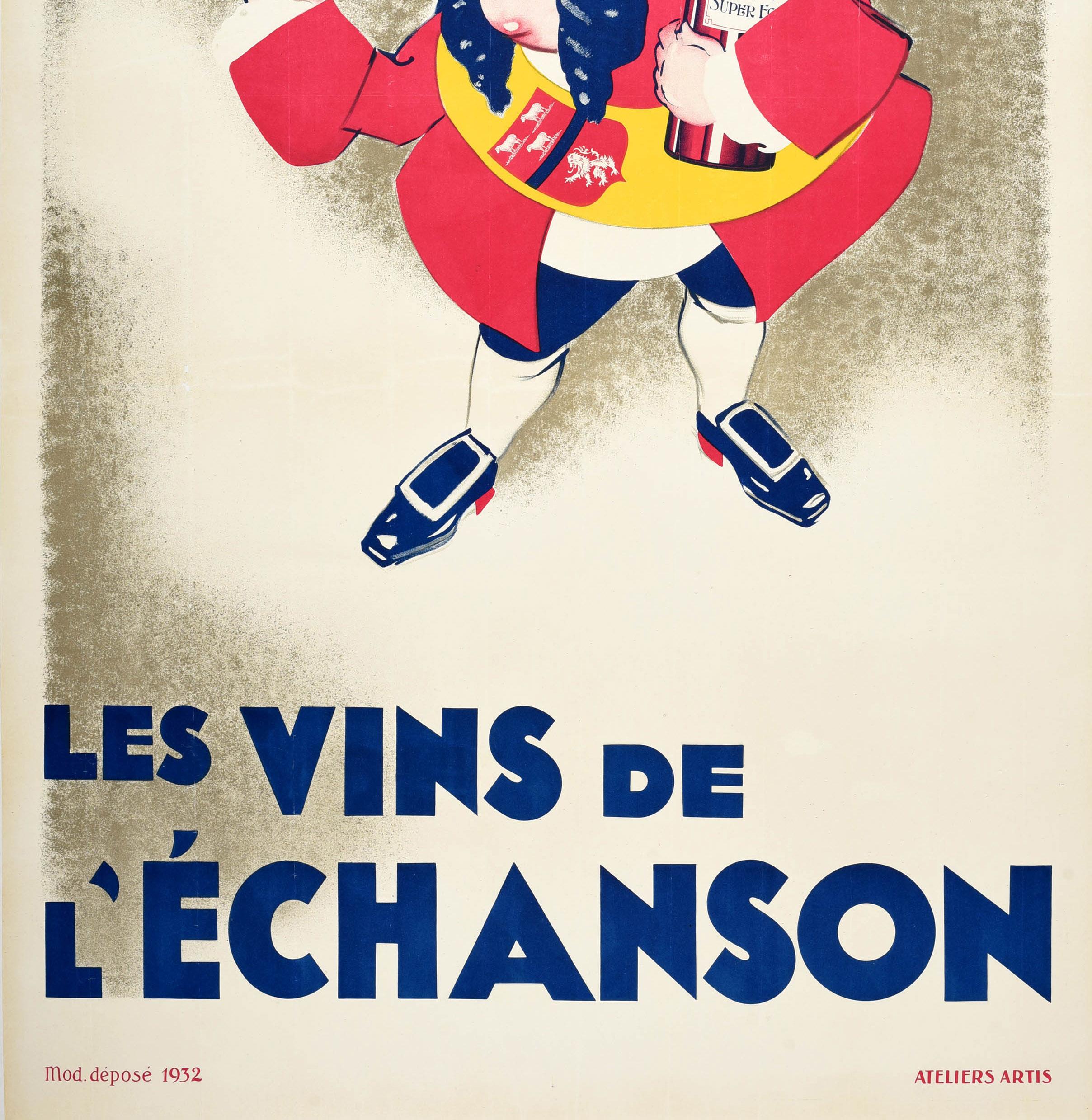 Original-Getränke-Werbeplakat für Echanson Wines / Les Vins De L'Echanson mit dem lustigen Motiv eines lächelnden Mannes, der in einem Arm eine große Weinflasche und in der anderen Hand ein Glas Rotwein hält. Der stilisierte Text darüber lautet: