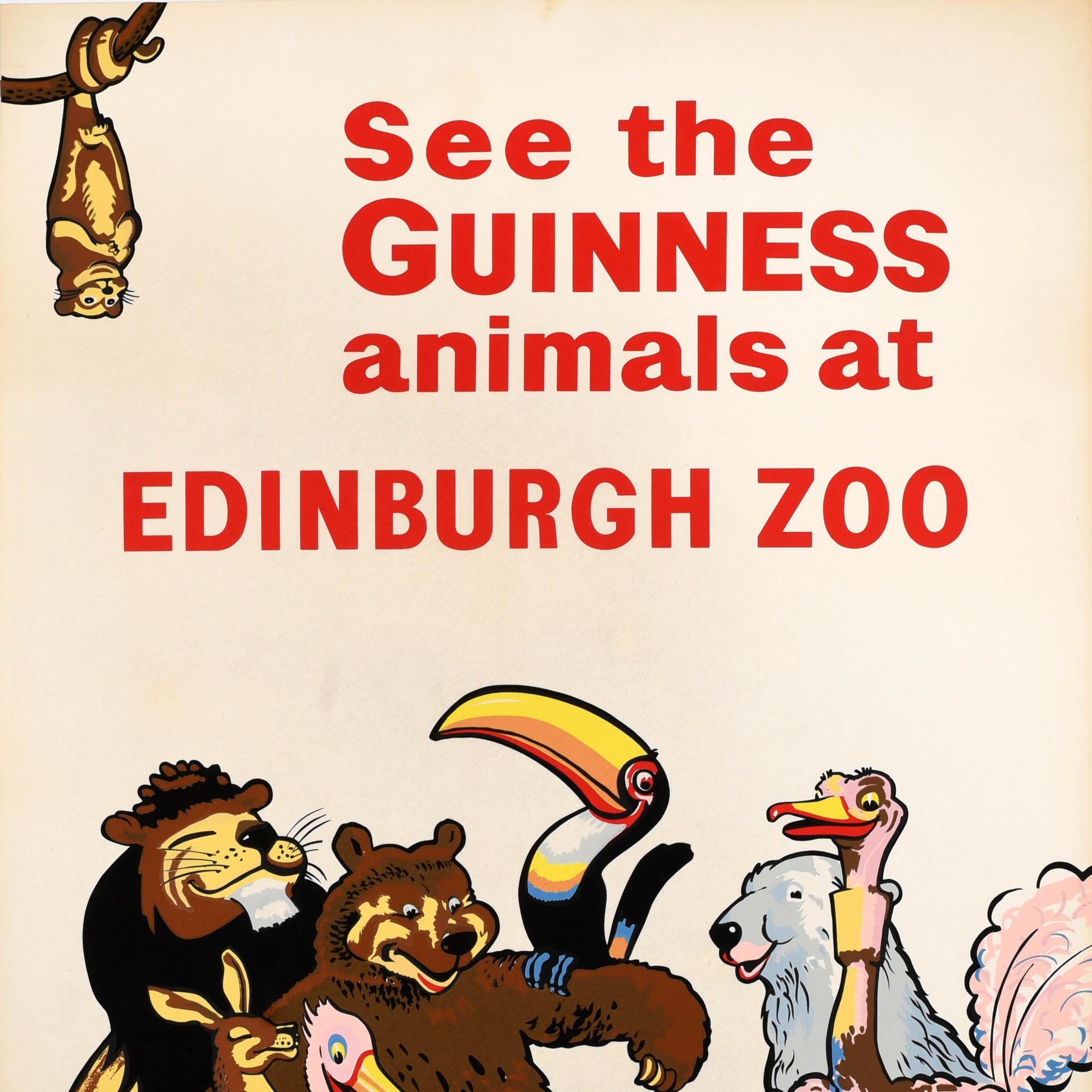 Original vintage drink advertising poster for Guinness - See the Guinness Animals at Edinburgh Zoo - featuring a fun and colourful image of all the iconic Guinness animals gathered around a zoo keeper wearing a green uniform and cap and sitting on a
