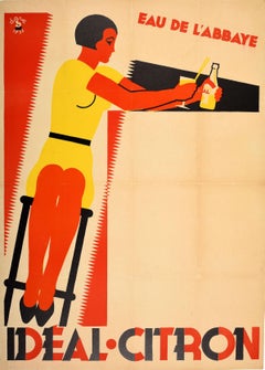 Original Vintage Drink Advertising Poster Ideal Citron Art Deco Water Lemon