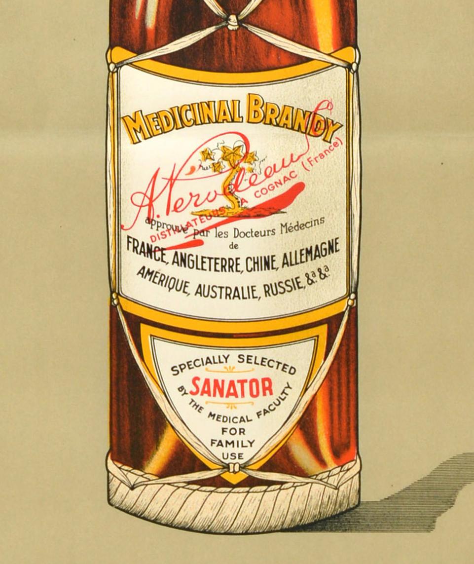 Original Vintage Getränk Werbeplakat für Medicinal Brandy A. Perodeau Sanator mit einem Bild der Flasche Alkohol an der Spitze mit dem Label Informationen in Französisch und Englisch - Medicinal X Brandy distillateurs a Cognac France approve par les