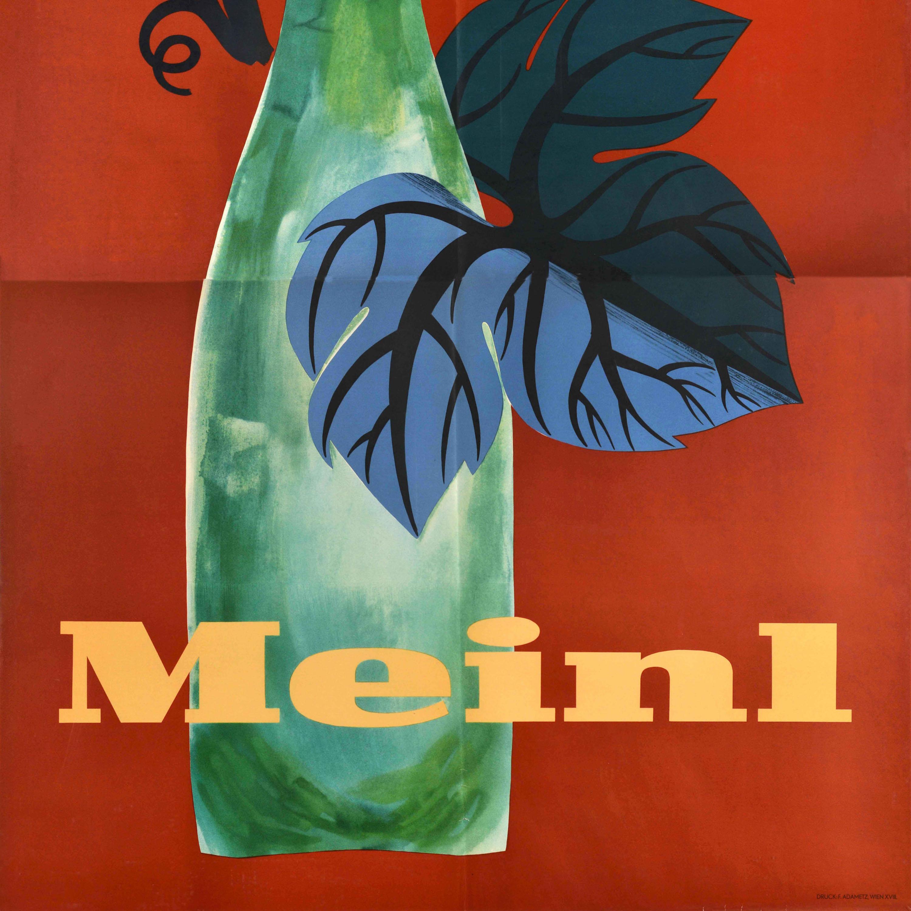 Original vintage drink advertising poster for Meinl featuring an image of a green wine bottle with a grape leaf set on a red background. Julius Meinl opened in 1862; by 1913 the company was the largest importer of tea and coffee in Central Europe;