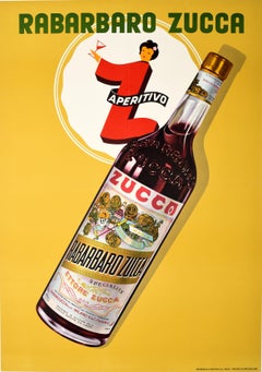 Affiche publicitaire originale vintage pour les boissons Rabarbaro Zucca, Dessin suisse