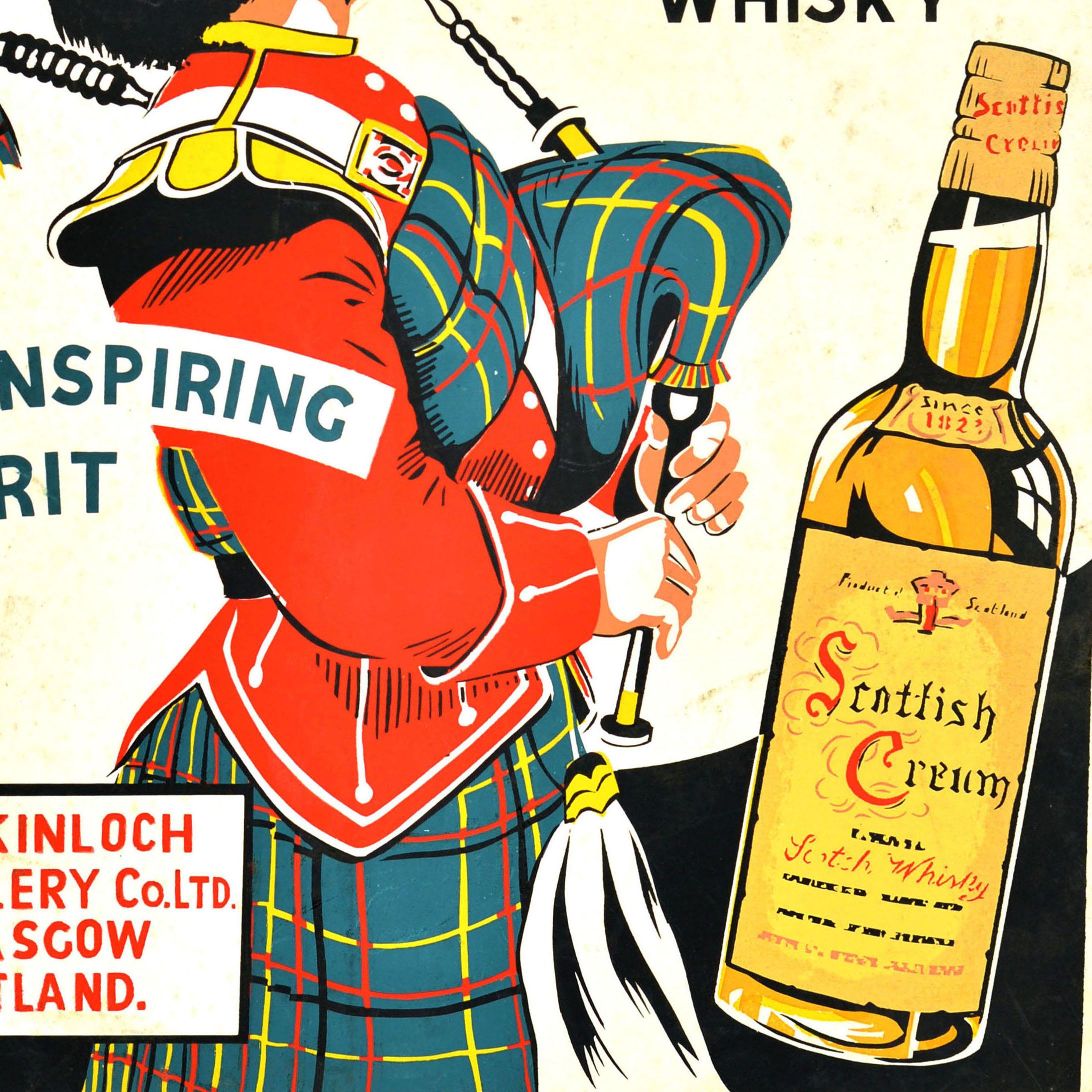 Original vintage alcohol drink advertising poster stand - Scottish Cream Blended Scotch Whisky An Inspiring Spirit The Kinloch Distillery Co Ltd Glasgow Scotland - featuring a great image of a piper in a kilt playing music on bagpipes with a bottle