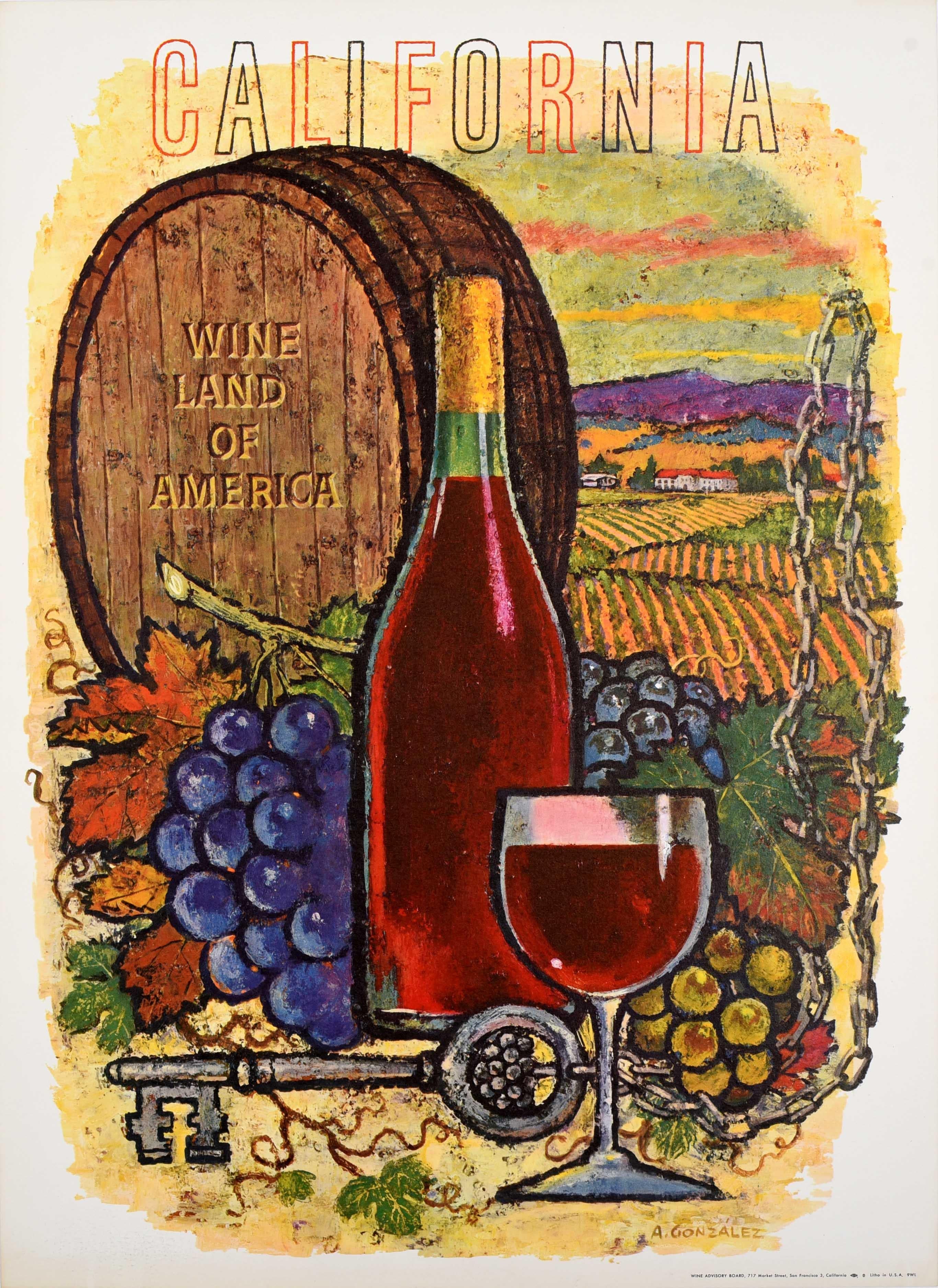 Unknown Print – Original-Vintage-Werbeplakat für Getränke, Kalifornien, Weinland Amerika