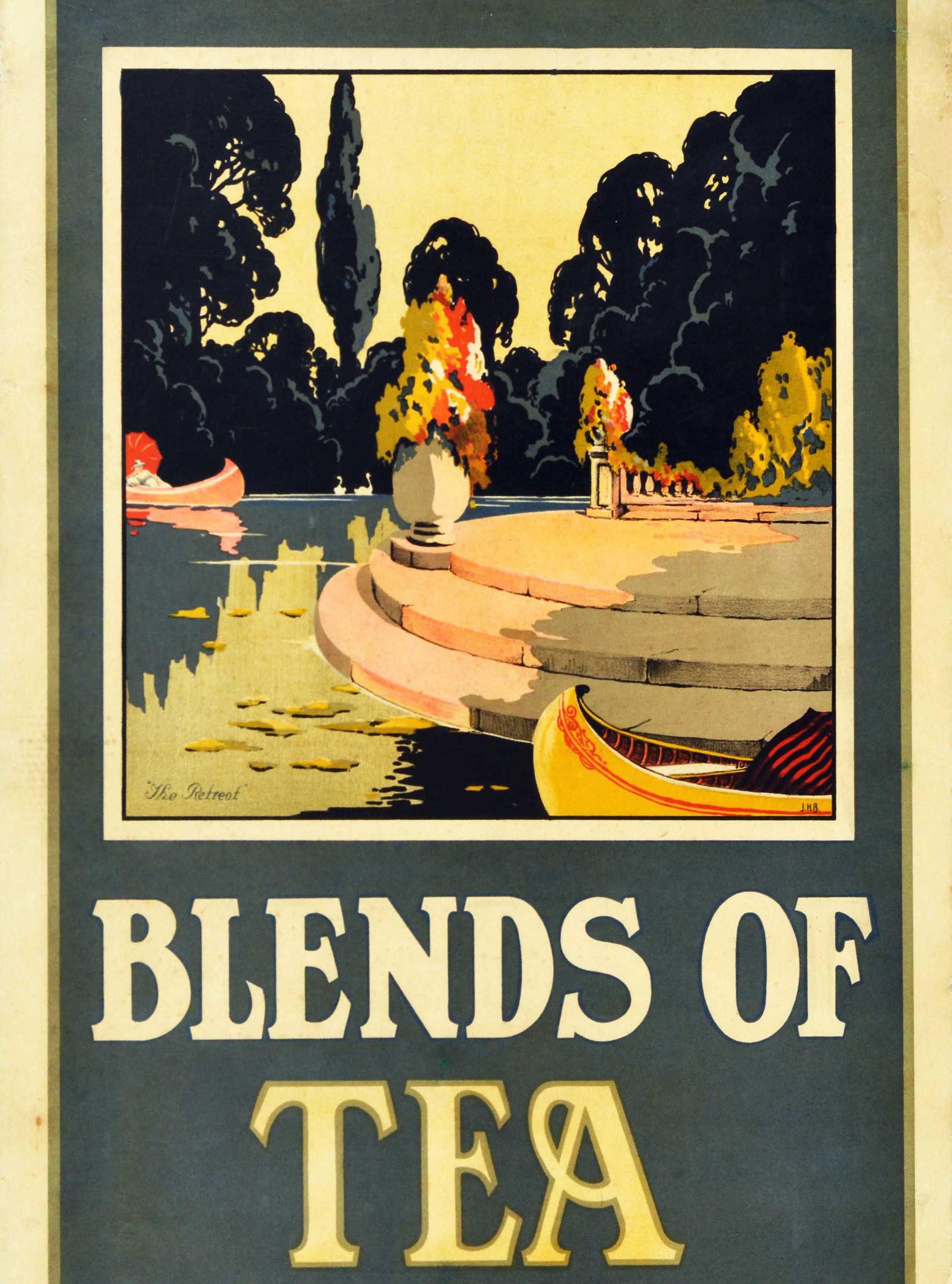 Affiche publicitaire originale pour une boisson vintage - Mélanges de thé au goût supérieur à des prix populaires - avec une superbe illustration intitulée La Retraite représentant une vue panoramique de bateaux sur l'eau dans un parc entouré de