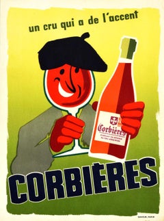 Original-Vintage-Getränkeplakat Corbieres AOC Wein Frankreich Languedoc Roussillon, Languedoc