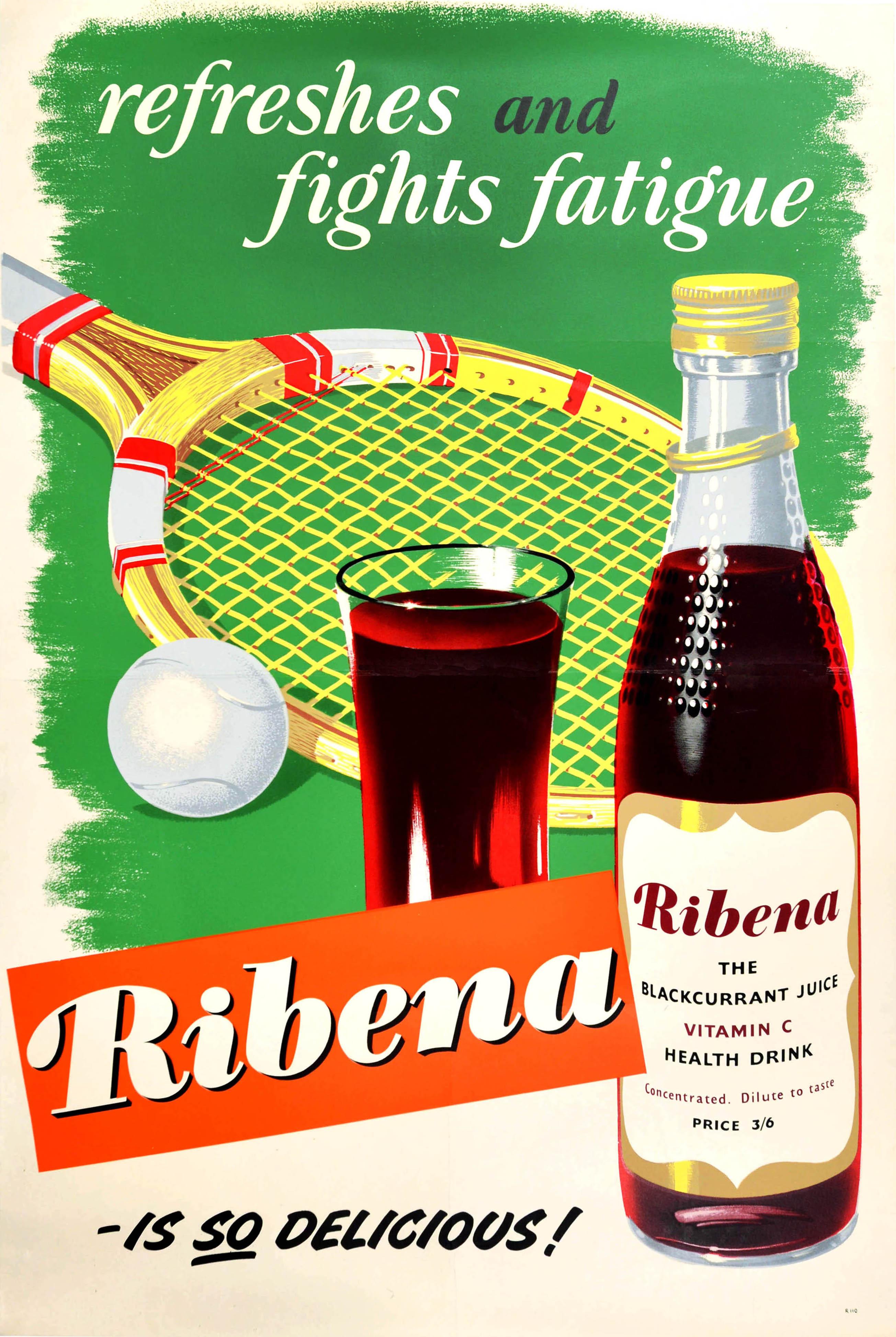 Unknown Print – Original Vintage Getränke-Poster für Ribena Refreshes, Fights Fatigue, Sommer, Tennis