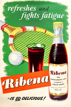 Original Vintage Getränke-Poster für Ribena Refreshes, Fights Fatigue, Sommer, Tennis