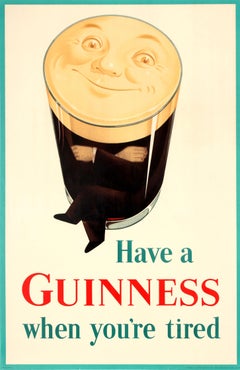 Original Vintage Drink Poster Have A Guinness When You're Tired Smiling Pint Man