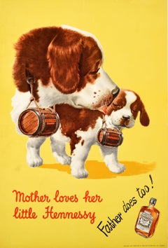 Original Vintage Drink Poster Hennessy Brandy Cognac St Bernard Dog Puppy Art