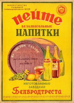 Original-Vintage-Getränke-Poster, nicht alkoholic, weiche Getränke, Juice, UdSSR, Lebensmittelindustrie