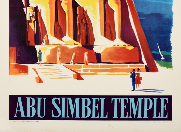 Unknown Original Vintage Egypt Travel Poster Abu Simbel Temple Aswan