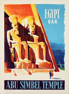 Original Vintage Egypt Travel Poster Abu Simbel Temple Aswan Pharaoh Ramesses II