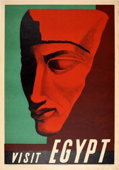 Original Vintage Egyptian Travel Poster Visit Egypt Statue Pharaoh Africa Sinai