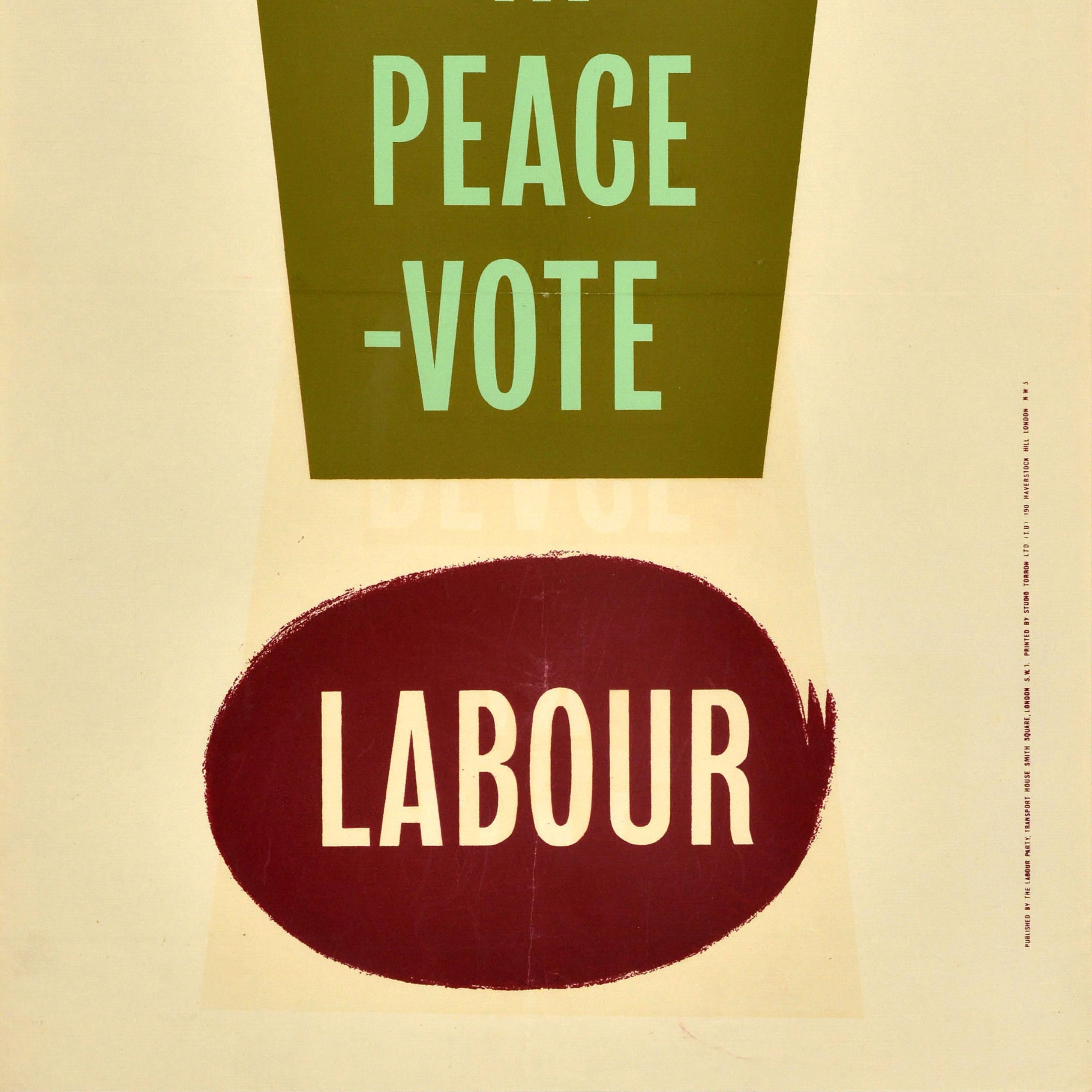 Original vintage political General Election poster issued by the Labour Party - Live in Peace Vote Labour - featuring a dynamic design with the bold text inside an exclamation mark. Printed by Studio Torrow Ltd. Good condition, folds, creasing,