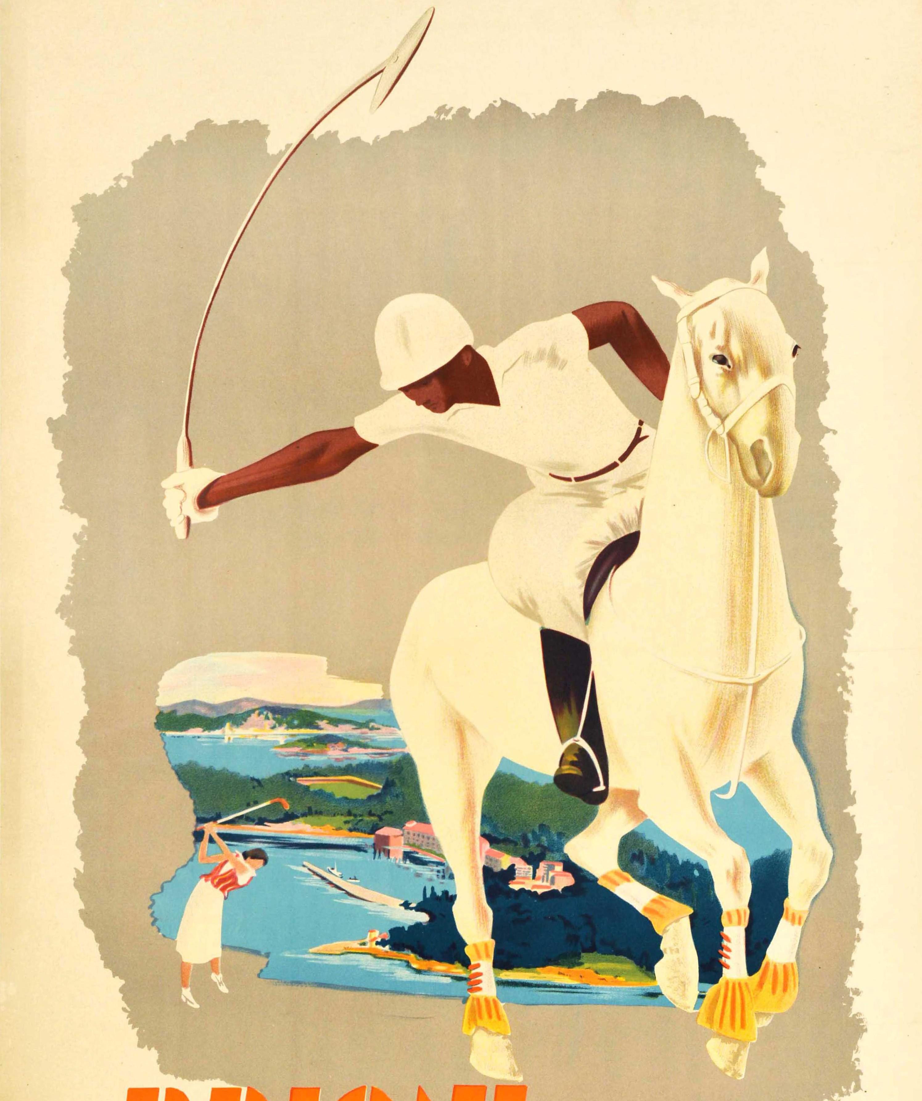 Original Vintage ENIT Travel Poster Brioni Italy Polo Sailing Golf Sport Design - Beige Print by Unknown