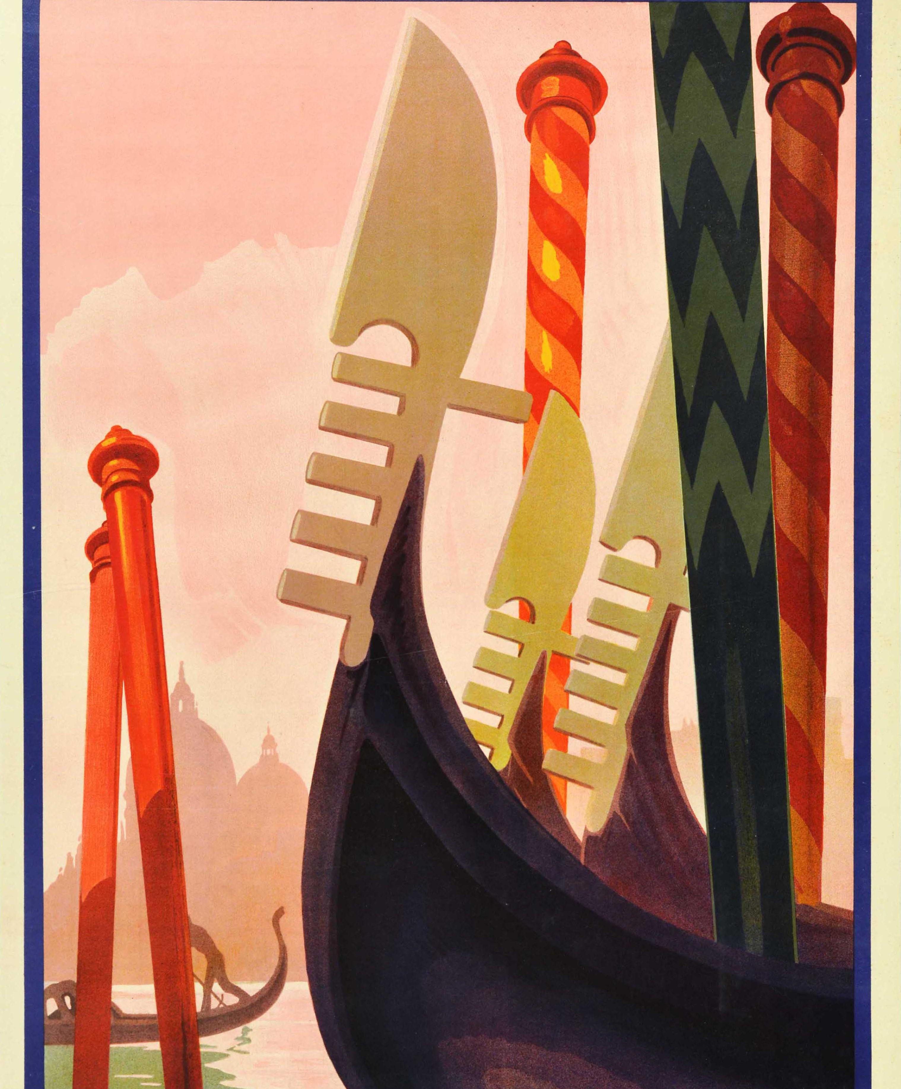 Original vintage travel advertising poster published by the Italian Tourism Board ENIT to promote the historical city of Venice / Venezia featuring a view through gondola boat moorings across the Grand Canal to a gondolier rowing a boat in front of