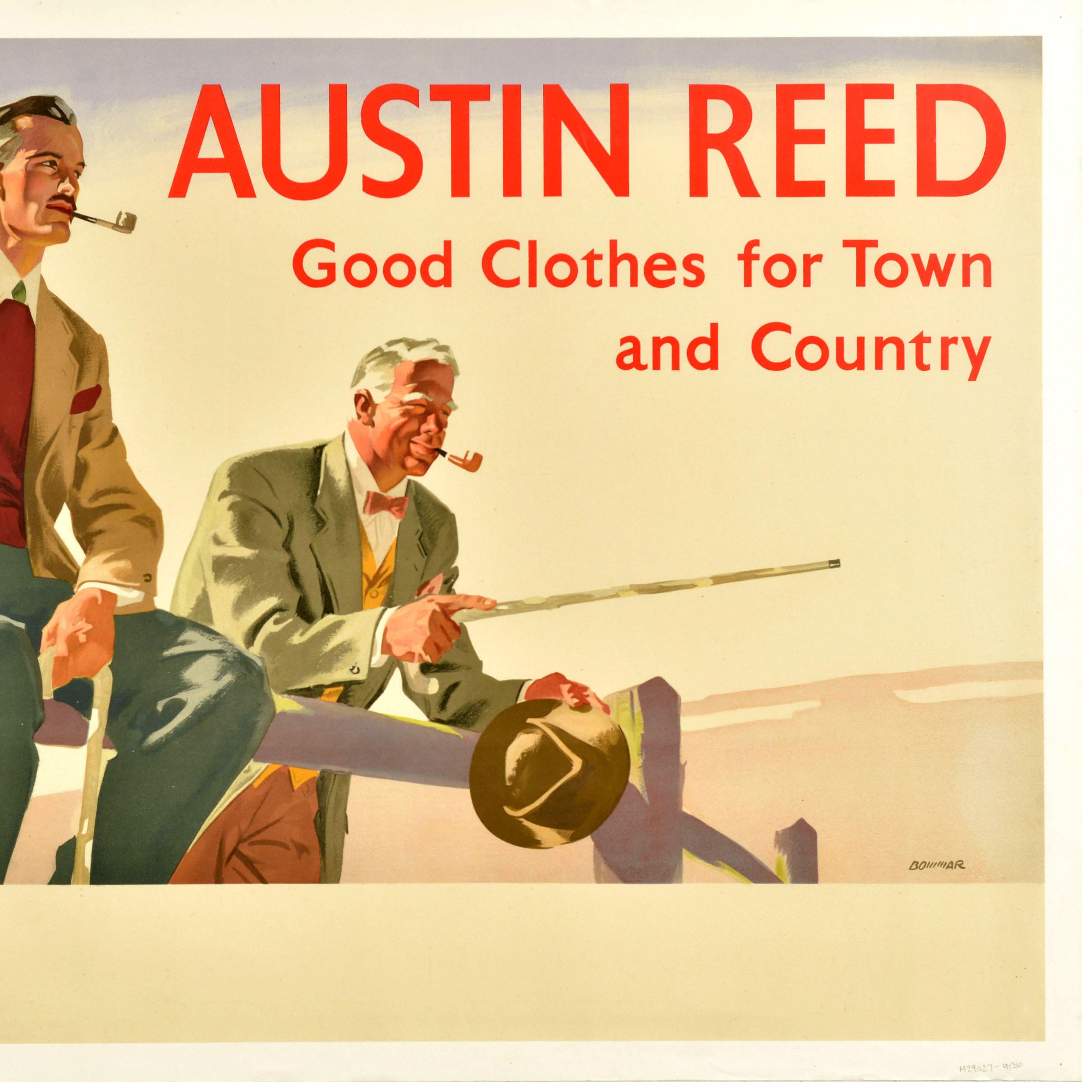 Originelles Werbeplakat für Herrenmode im Vintage-Stil - Austin Reed Good Clothes for Town and Country - mit einem beeindruckenden Bild von zwei elegant gekleideten Herren, die Pfeife rauchen, mit dem fettgedruckten Titeltext darüber, wobei der