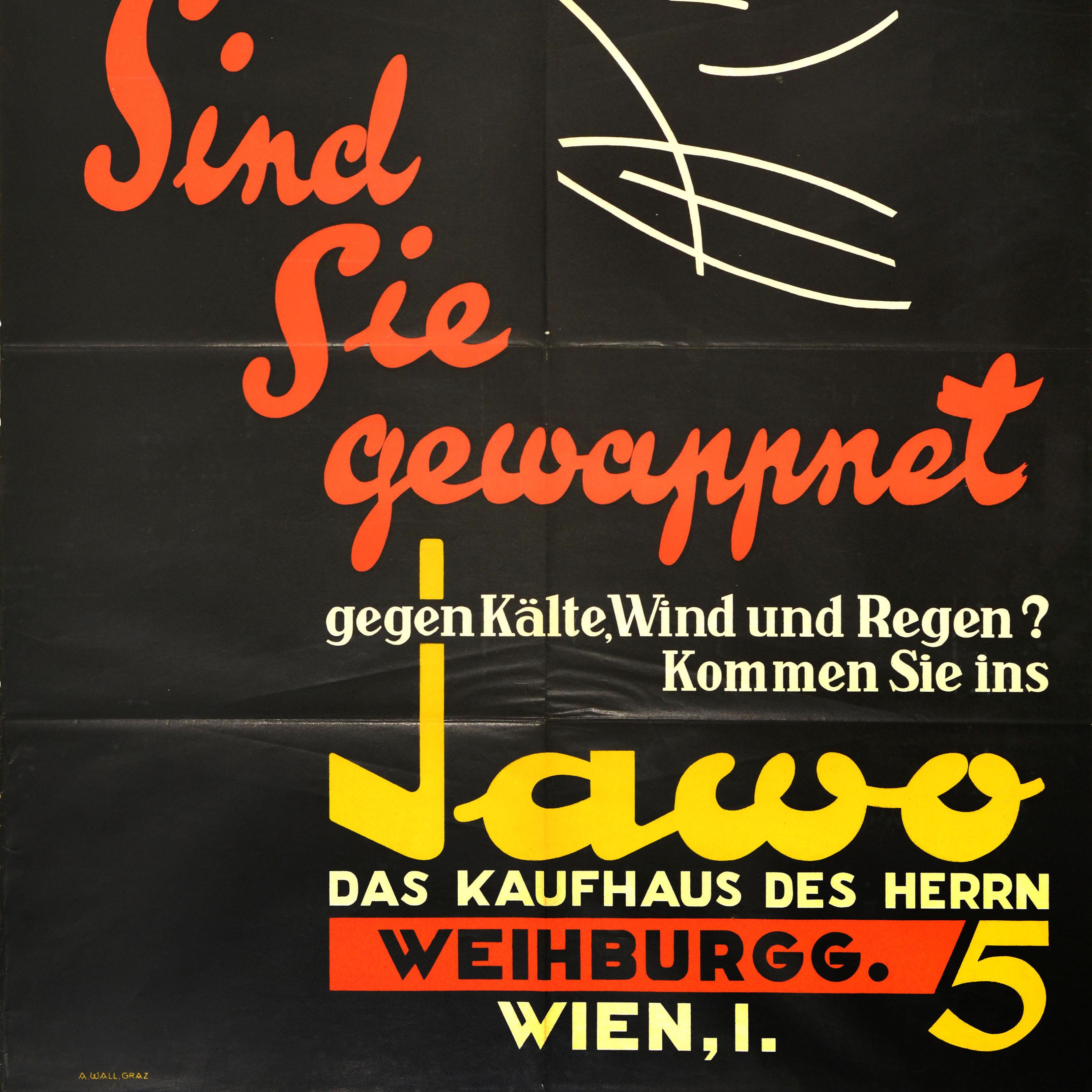 Original Vintage-Werbeplakat für Herrenmode für das Kaufhaus Jawo in Wien mit stilisiertem Text in kräftigem Rot, Weiß und Gelb vor schwarzem Hintergrund - Sind Sie gewappnet gegen Kälte, Wind und Regen? Kommen Sie ins Jawo das kaufhaus der herrn