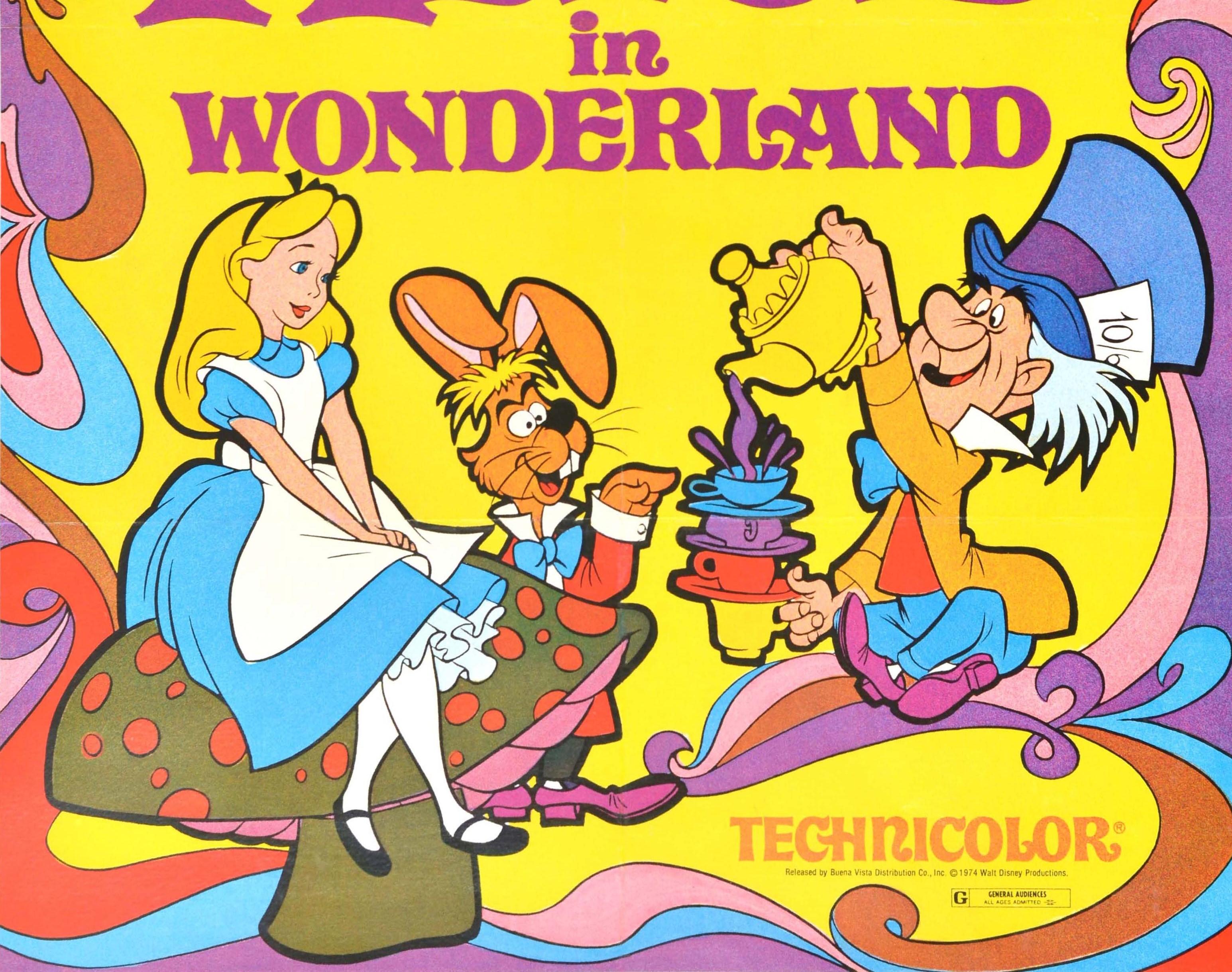 Original Vintage Film Poster Alice In Wonderland Walt Disney Cartoon Movie Art - Orange Print by Unknown
