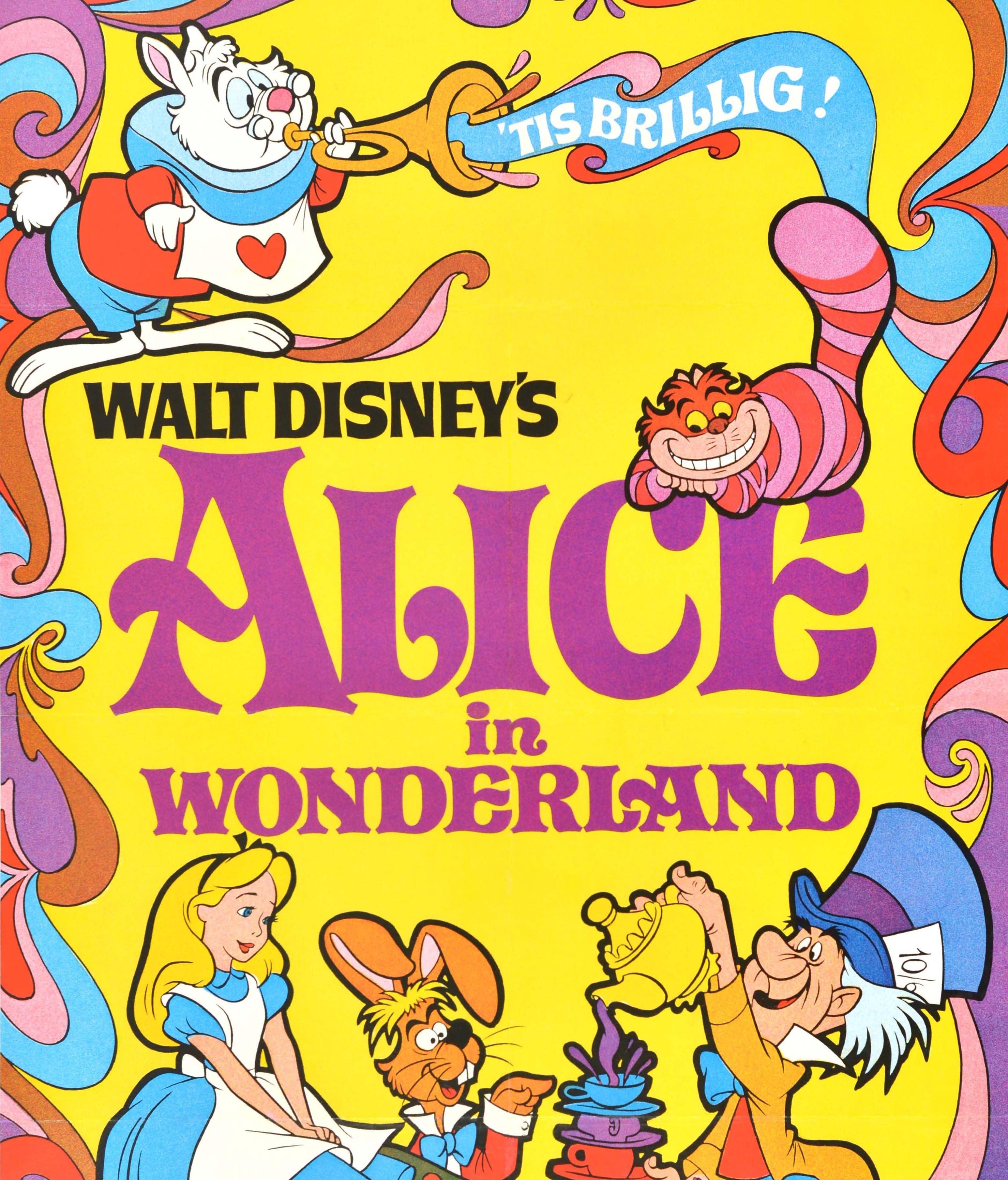 Original vintage movie poster for the 1981 re-release of the classic Walt Disney animation film Alice in Wonderland - 'Tis brillig! - first released in Technicolor by Buena Vista Distribution in 1951. Colourful and fun cartoon artwork featuring the