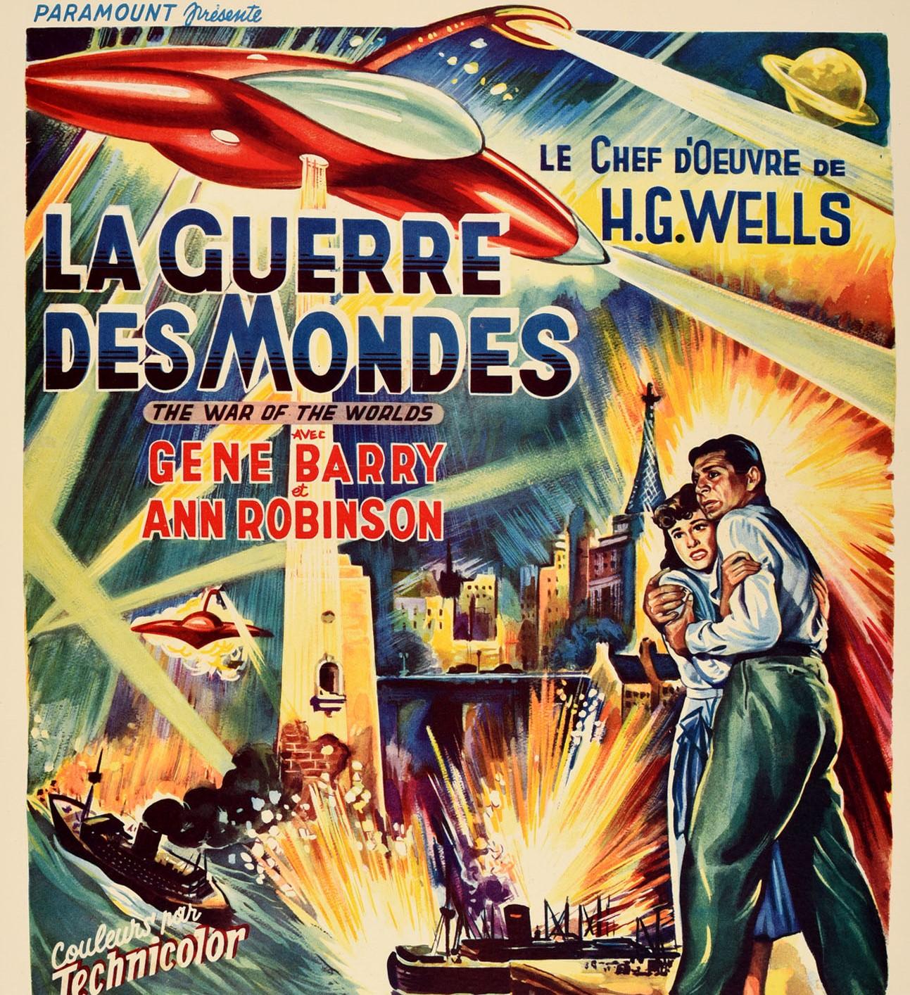 Locandina pubblicitaria originale d'epoca per l'uscita in Belgio del film thriller di fantascienza americano basato sul libro del 1898 di H. G. Wells (Herbert George Wells; 1866-1946) - La Guerra dei Mondi / La Guerre Des Mondes - diretto da Byron