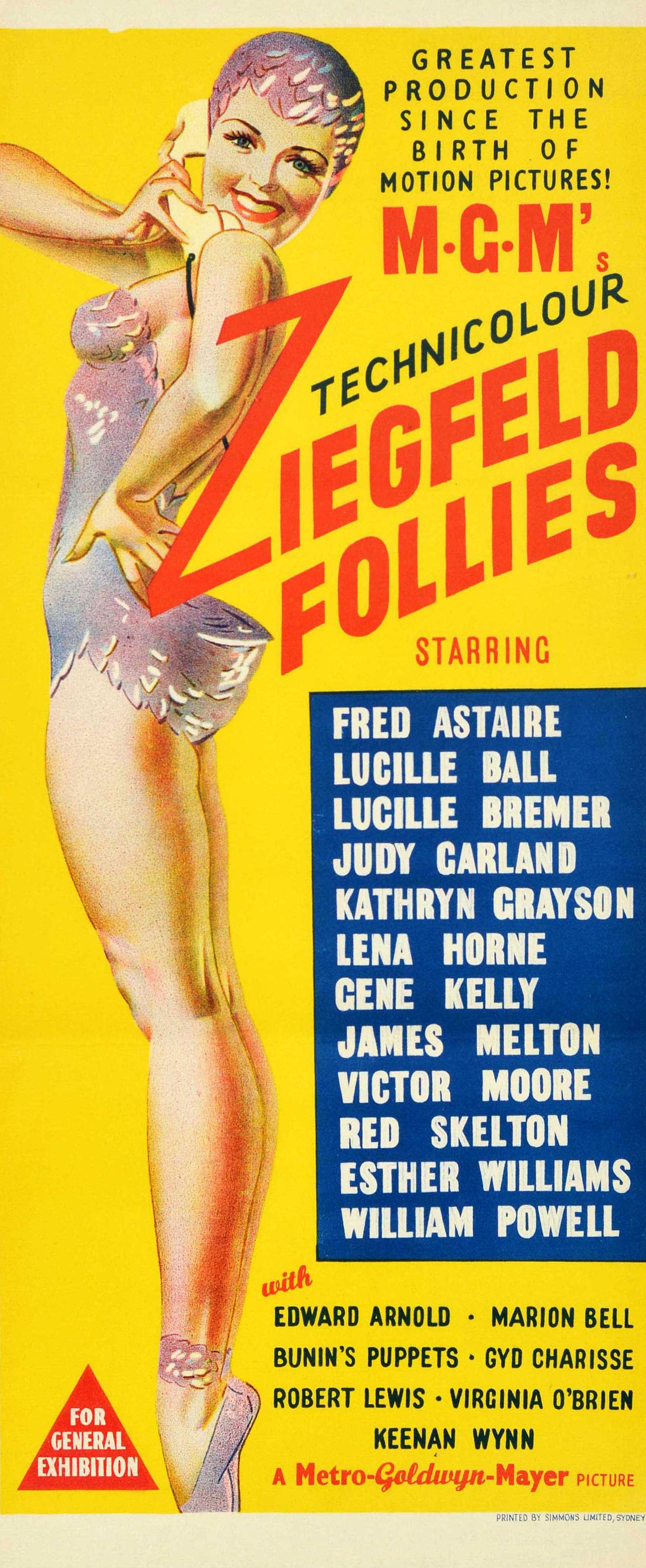 Affiche originale d'époque pour un film MGM en Technicolor - Ziegfeld Follies - la plus grande production depuis la naissance du cinéma ! avec une distribution de stars comprenant Fred Astaire, Judy Garland, Lucille Ball, Lucille Bremer, Gene Kelly