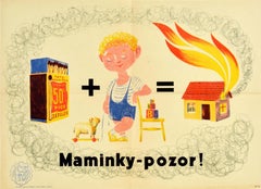 Original Vintage Feuer Sicherheit Poster Mütter Vorsicht Gefahr Streichhölzer Kind Warnung