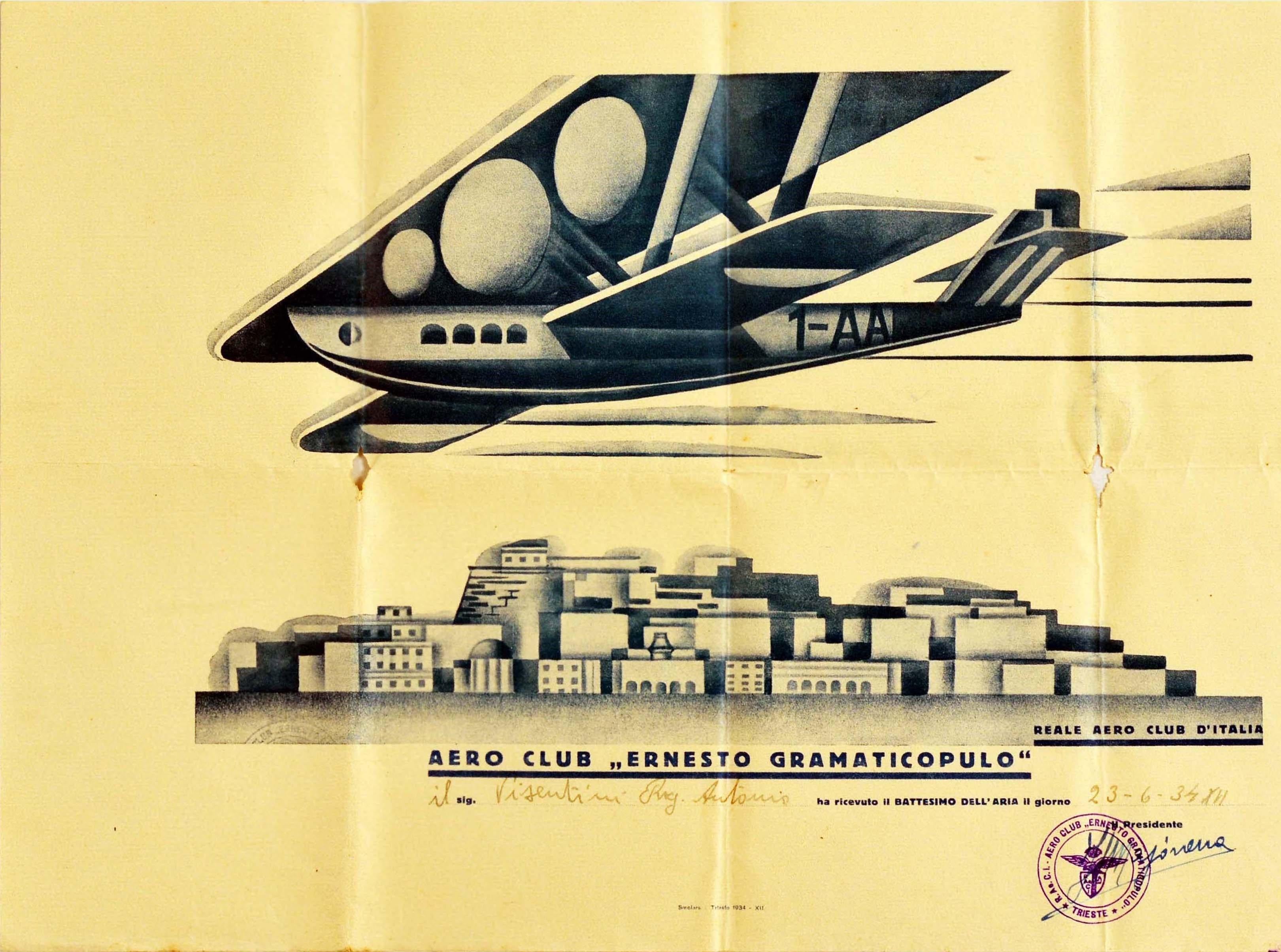 Original Vintage Flight Certificate Aero Club Ernesto Gramaticopulo Futurism Art - Print by Unknown