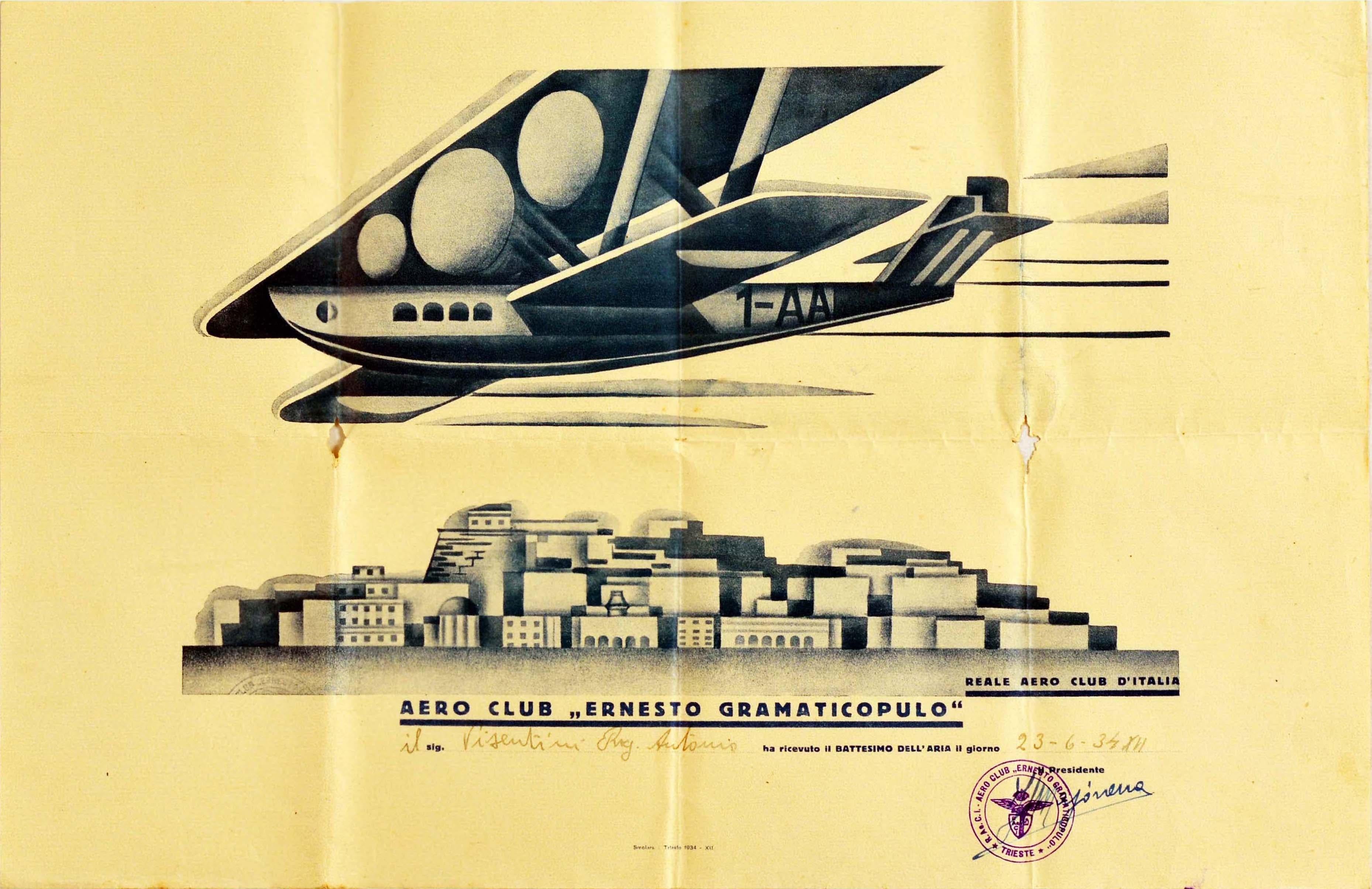 Unknown Print - Original Vintage Flight Certificate Aero Club Ernesto Gramaticopulo Futurism Art