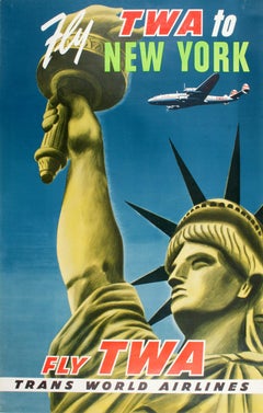 Original Vintage Fly TWA to New York Poster C1955 Statue of Liberty Rare