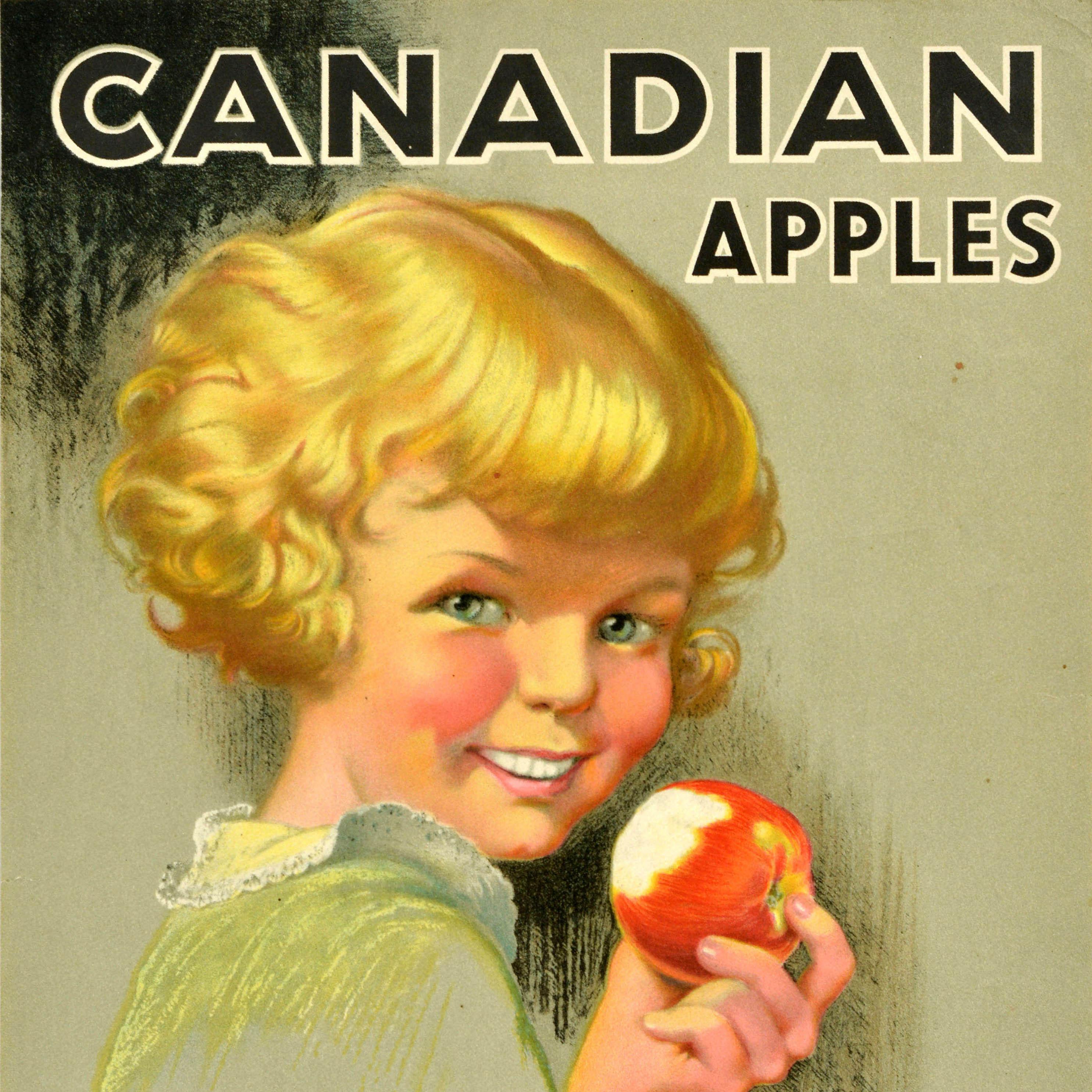 Original vintage fruit food advertising poster - Canadian Apples for health and beauty - featuring an illustration of a young blonde haired girl holding a red apple and smiling to the viewer with the bold text above and below. Good condition,
