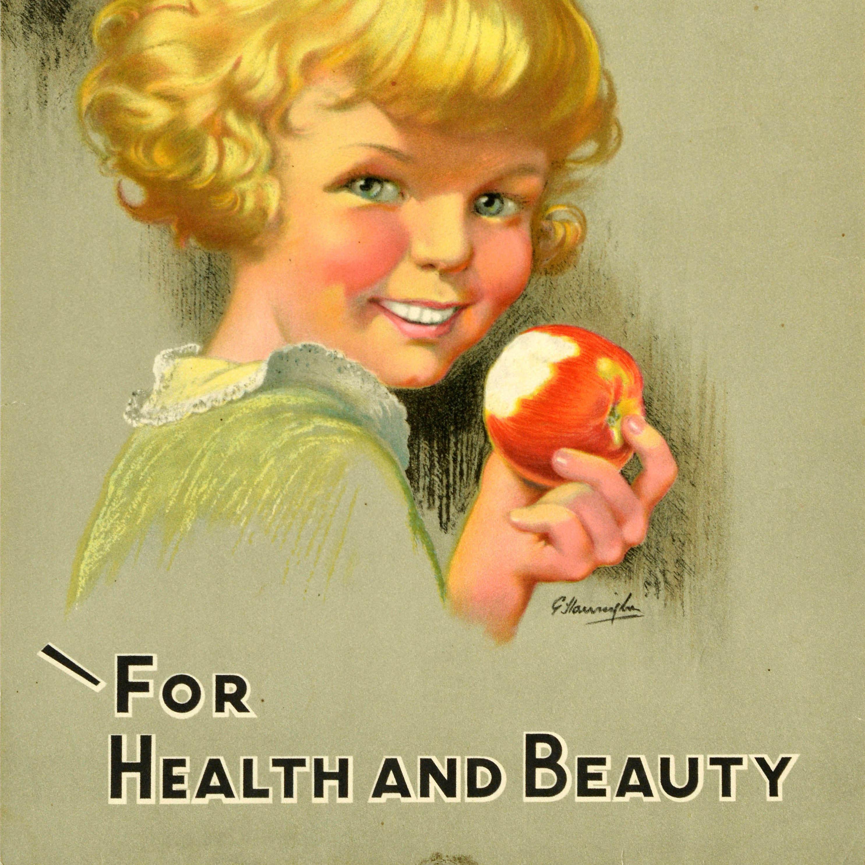 Originelles Werbeplakat für Obst und Gemüse - Kanadische Äpfel für Gesundheit und Schönheit - mit der Illustration eines jungen blonden Mädchens, das einen roten Apfel hält und den Betrachter anlächelt, mit dem fettgedruckten Text darüber und