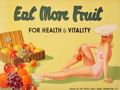 Original Vintage Food Advertising Poster Eat More Fruit Pin-Up Health Vitality