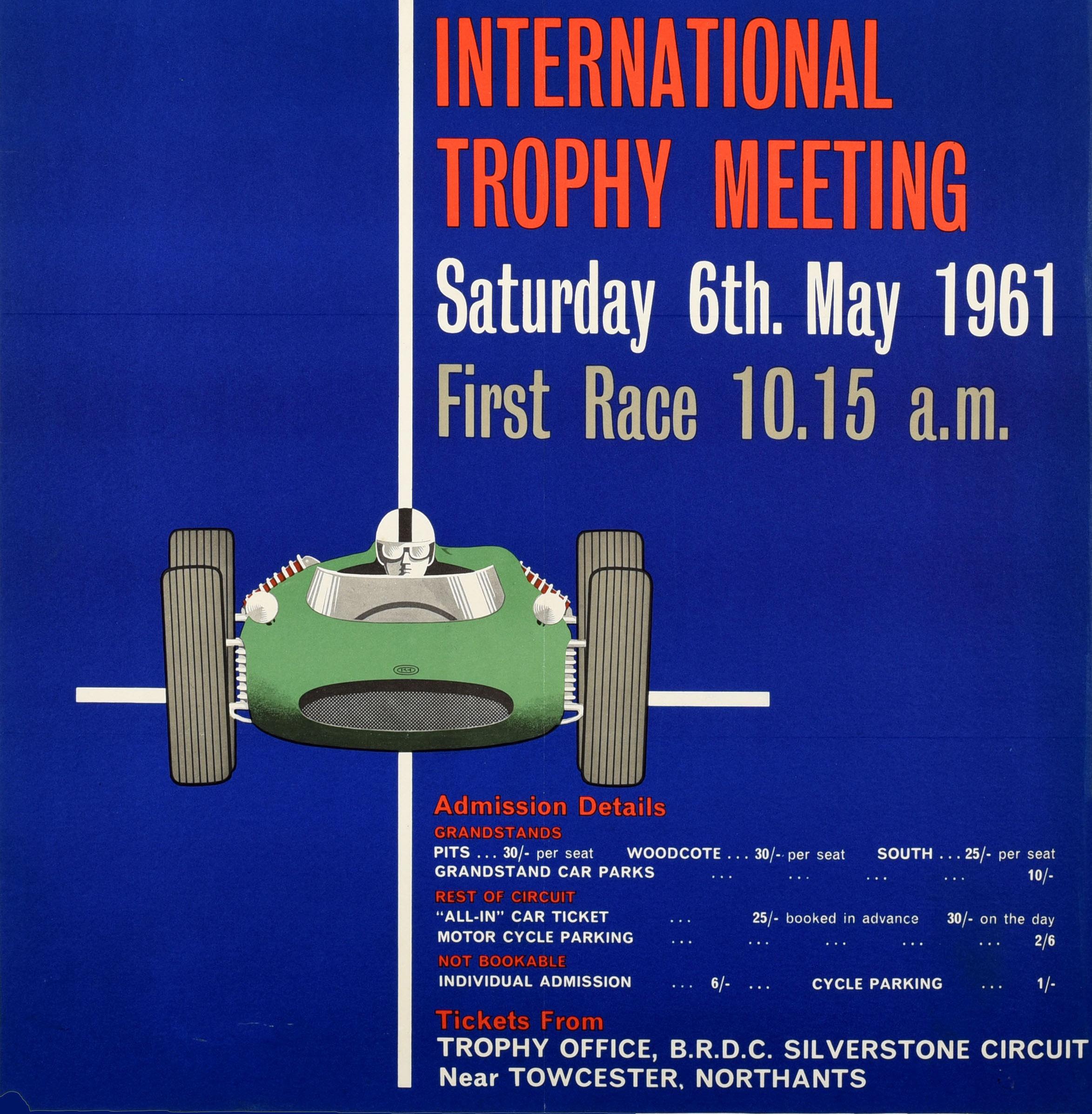 Original vintage Formula One motorsport poster issued by the British Racing Drivers' Club (BRDC) for the 13th International Trophy Meeting held at Silverstone on 6 May 1961. Great design featuring a green racing car against a blue background and