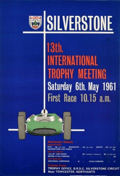 Affiche originale vintage de course de Formule 1 de sport automobile, Trophe de course de la F1 en pierre d'argent