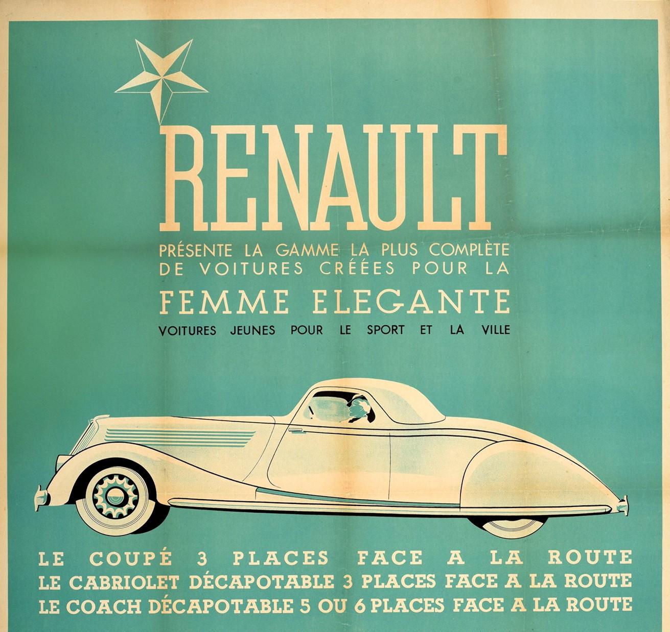 Original Vintage French Car Poster Renault Femme Elegante Coupe Cabriolet Coach - Print by Unknown