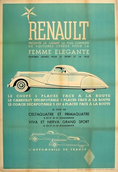 Original Vintage French Car Poster Renault Femme Elegante Coupe Cabriolet Coach