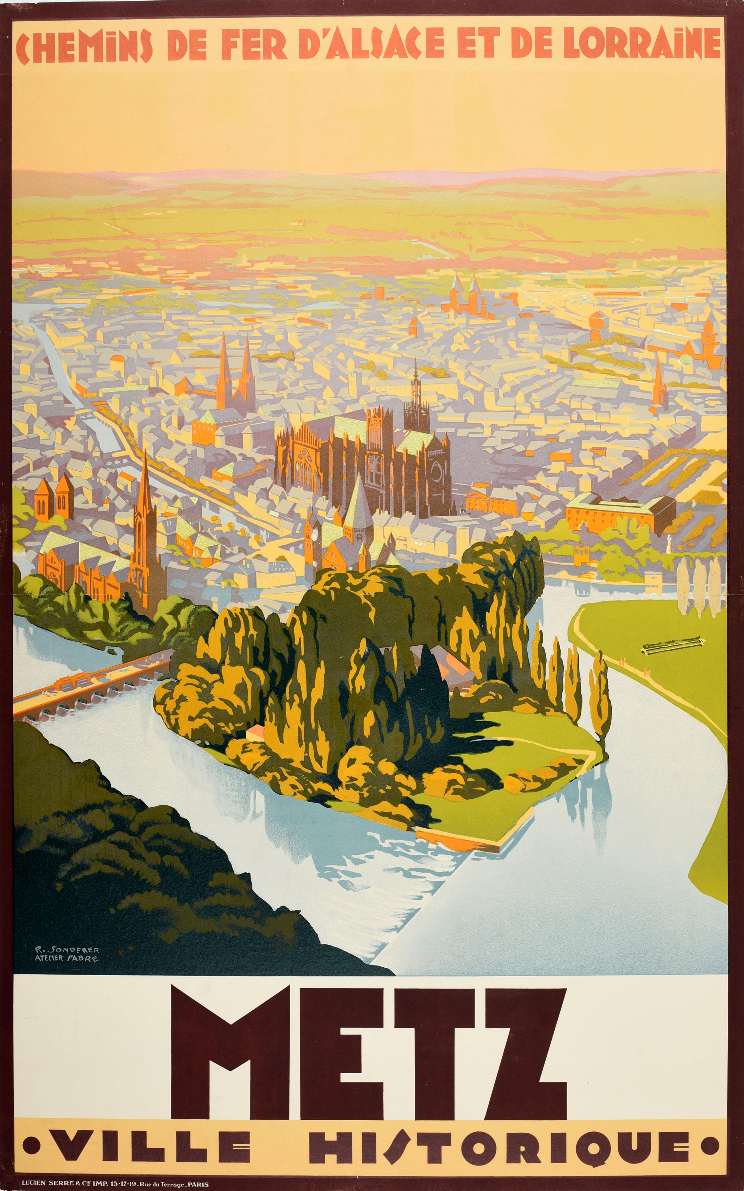 Unknown Print – Vintage Französisches Eisenbahn-Reiseplakat Metz, Art déco, Frankreich, Lorraine