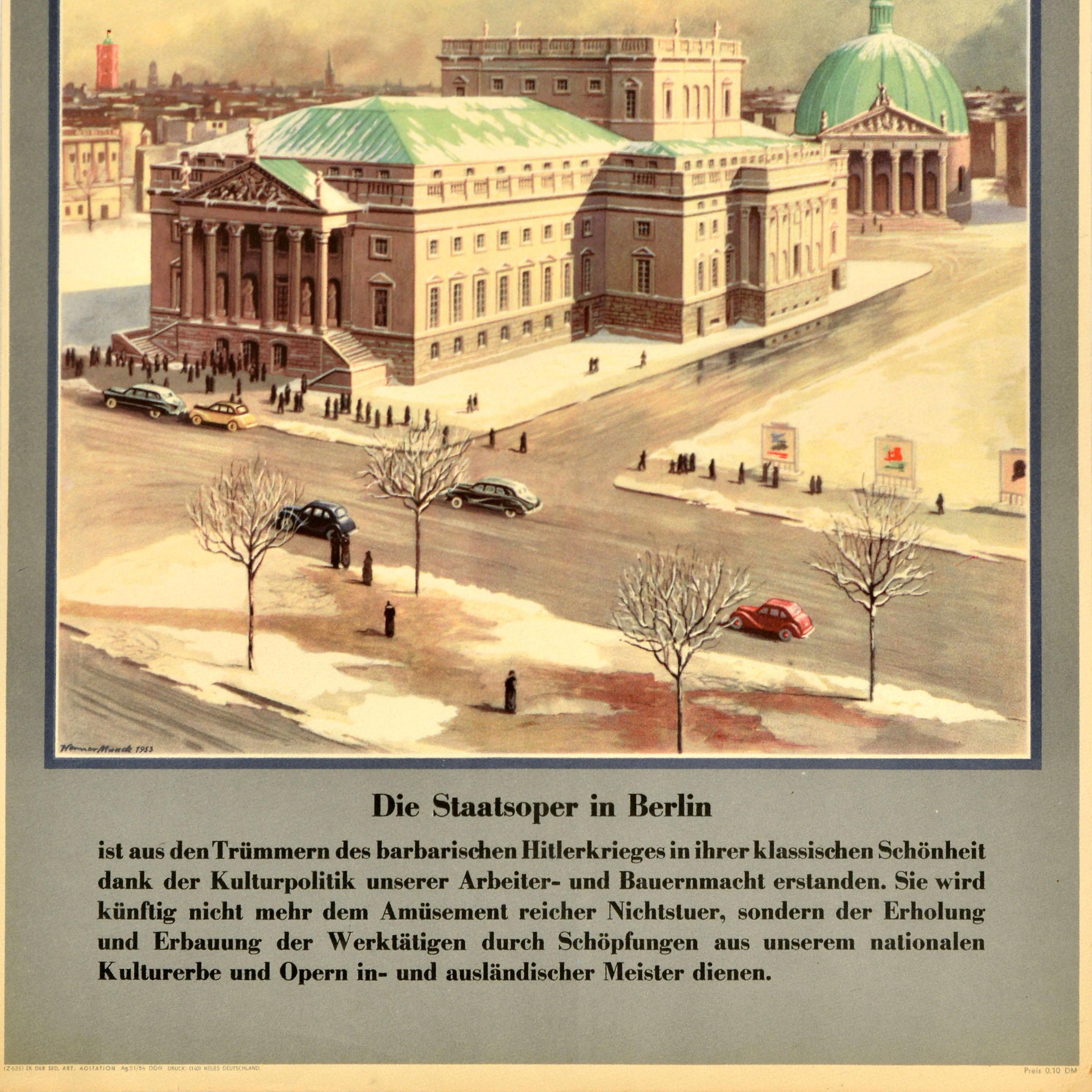 Original vintage propaganda poster issued by East Germany (Deutsche Demokratische Republik DDR / German Democratic Republic GDR) under the title Bauten des Funfjahrplanes / Buildings of the Five Year Plan featuring a view of the historic Staatsoper