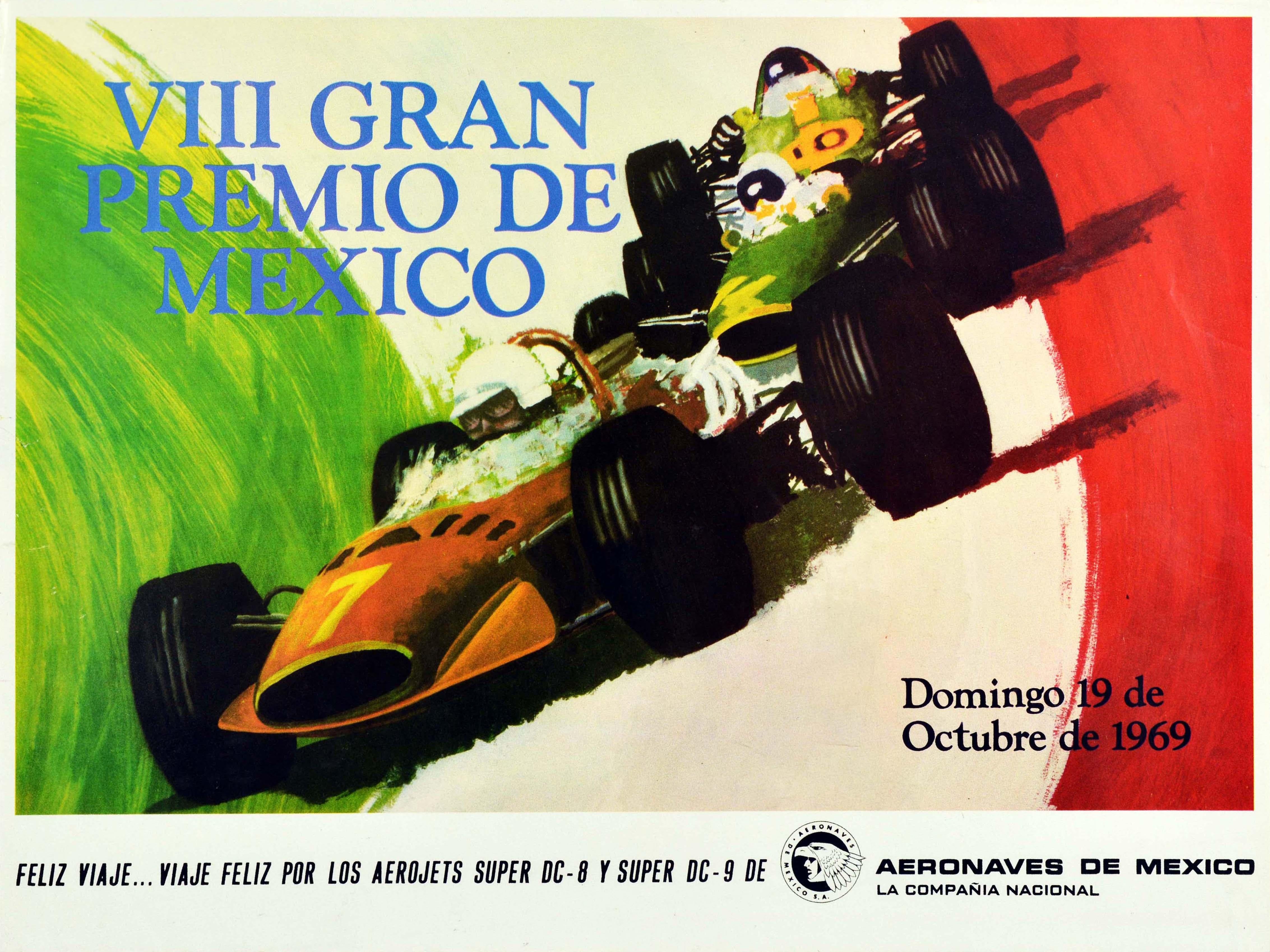 Unknown Print - Original Vintage GP Auto Racing Poster Gran Premio De Mexico Grand Prix F1 Sport